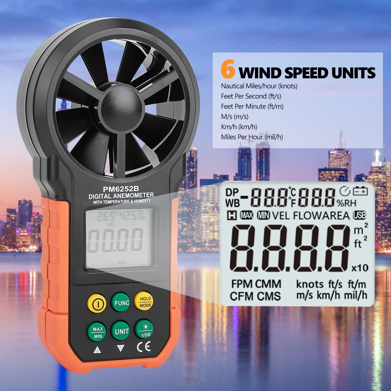 Anemometer 78,4MPH Luchtsnelheidsmeter 191x67x43mm Anemometer Ip44 Windmeter Windsterktemeter Max Min Avg Cu Windsnelheidsgegevens Bluetooth Snelheidsmeter P 010689123474
