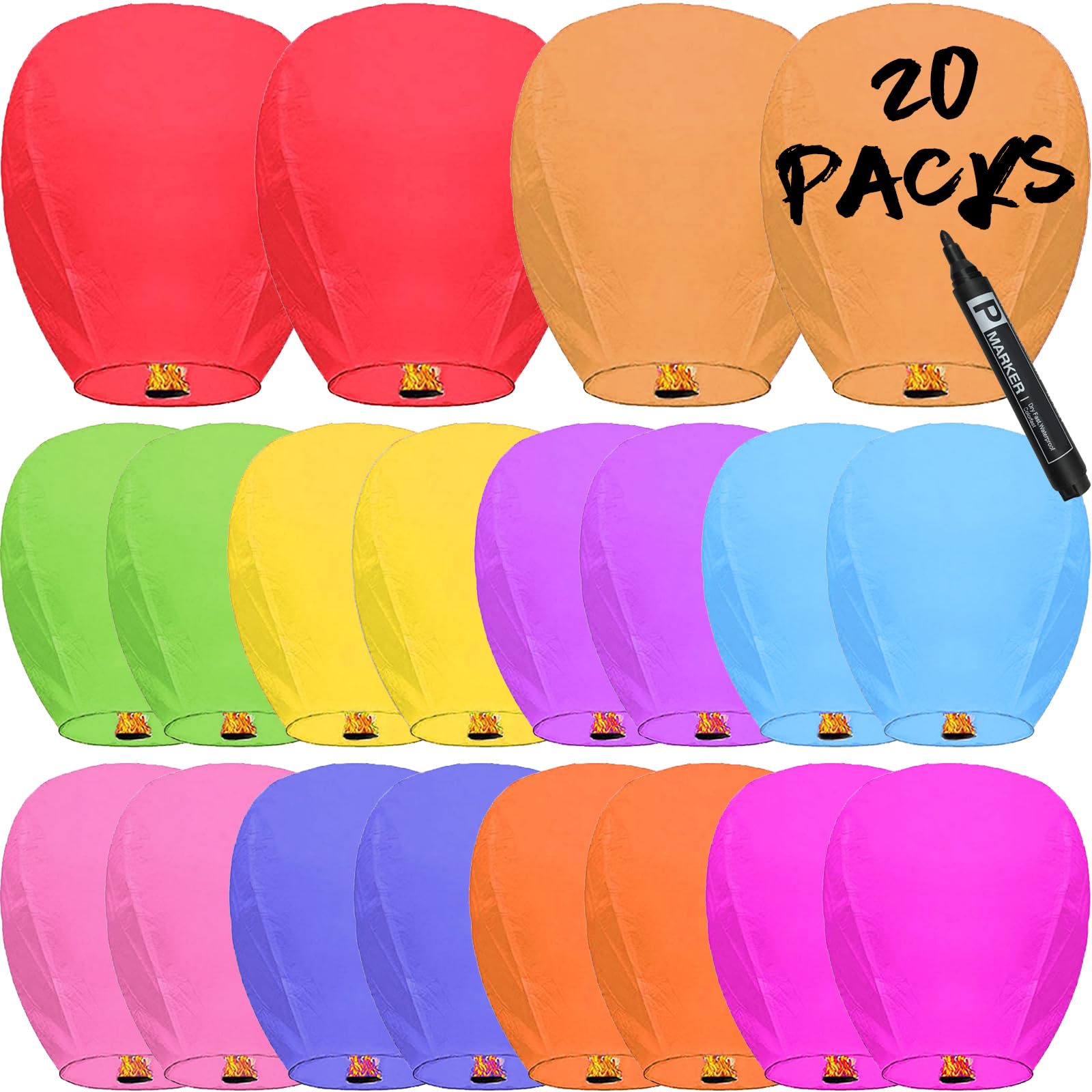 20 Packs Chinese Sky Lanterns to Release, Upgraded Quality Memorial Fire Resistant Paper Lantern, ECO Friendly Flying Lanterns in Memory for Parties Supplies and Festivals, Multi-Colour
