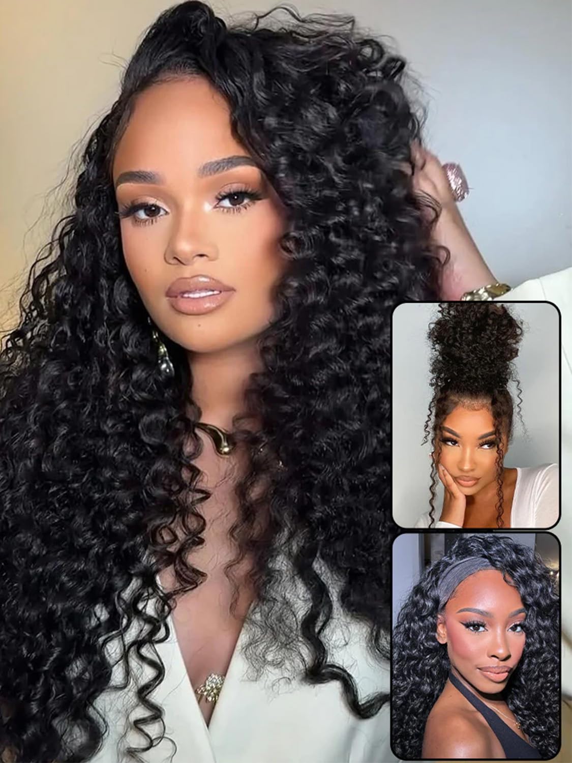 BGM GIRL Half Wig Human Hair Water Wave 3 in 1 Wigs Beginner Friendly Flip Over Drawstring Glueless Wig Ready to Go Seamless Clip in Wigs Natural Black Color 20 Inch