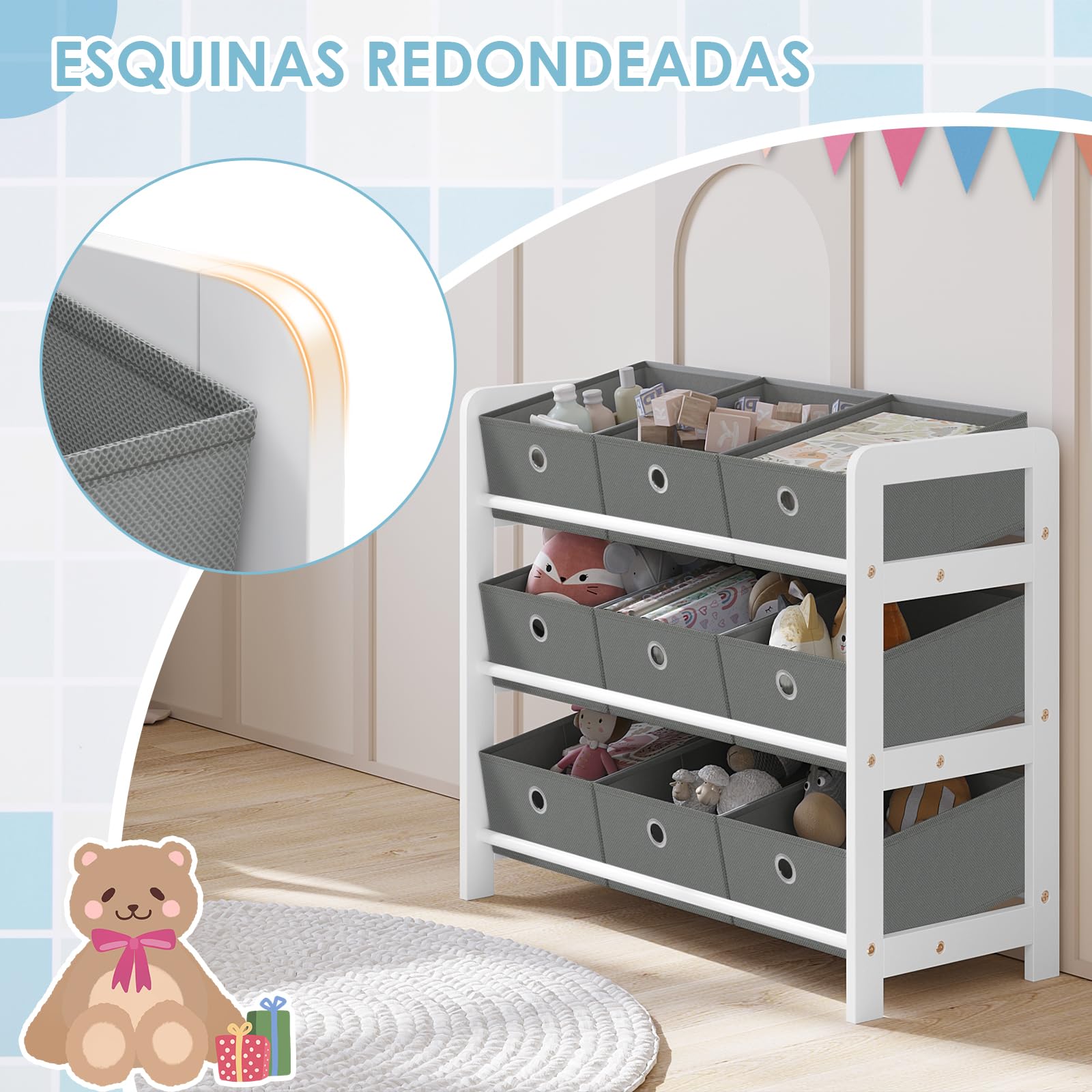 Lestarain Estanteria Infantil de Madera Maciza, Organizador Juguetes y Libros Niños, Estantería Almacenaje 3 Niveles de 9 Cajas, Mueble Infantil para Guardería y Habitación Infantil, Blanco+Gris | Madera; habitación infantil; sala de juegos; guardería; 63