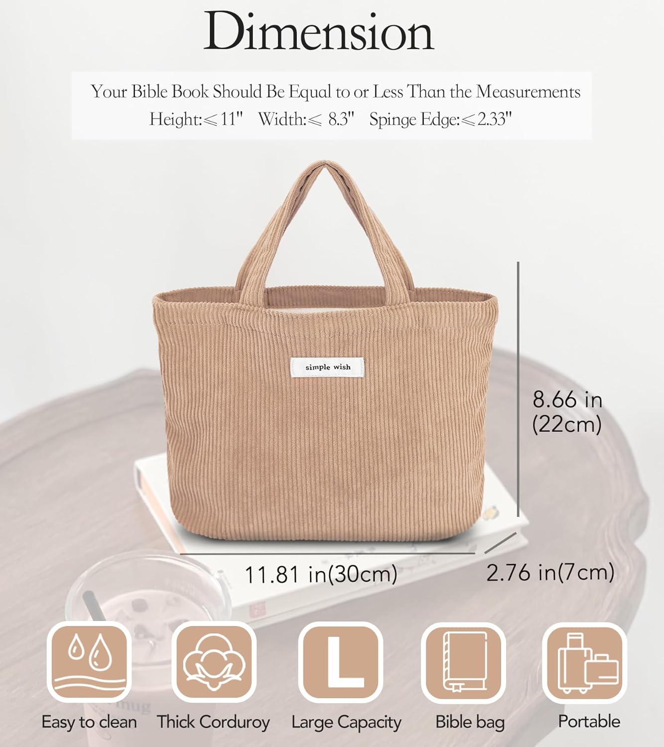 Corduroy Small Tote Bible Bag for Women, Mini Daily Handbag Cute Aesthetic for Book, Essential, Water Bottle Organizer - Image 4