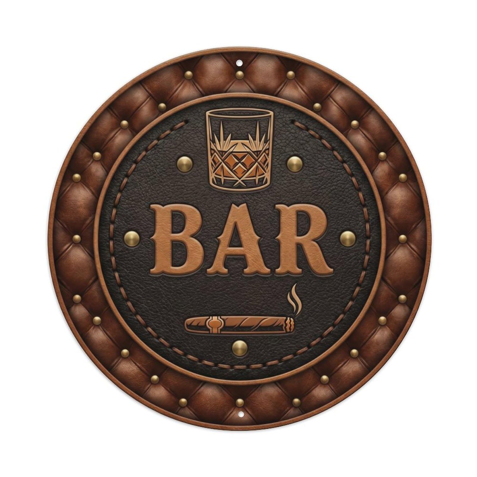 BAR Leather Lounge Emblem Metal Tin Sign Plaque Wall Decor for Cafe, Club Bar, Office, Home Garden Round Metal Poster 8x8Inch
