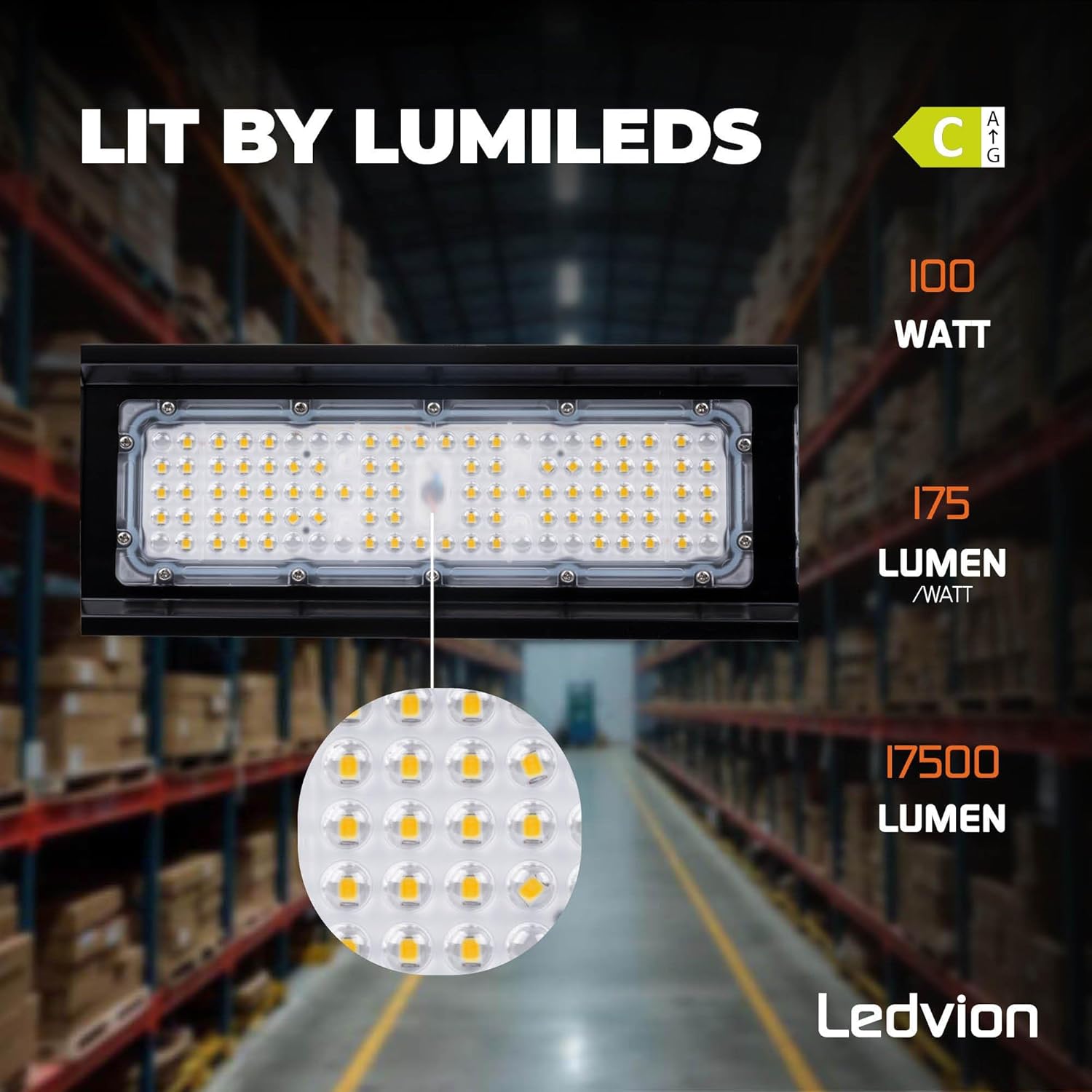 Ledvion LED Linear High Bay with text indicating 50,000 burning hours, 5-year warranty, and >0.9 power factor