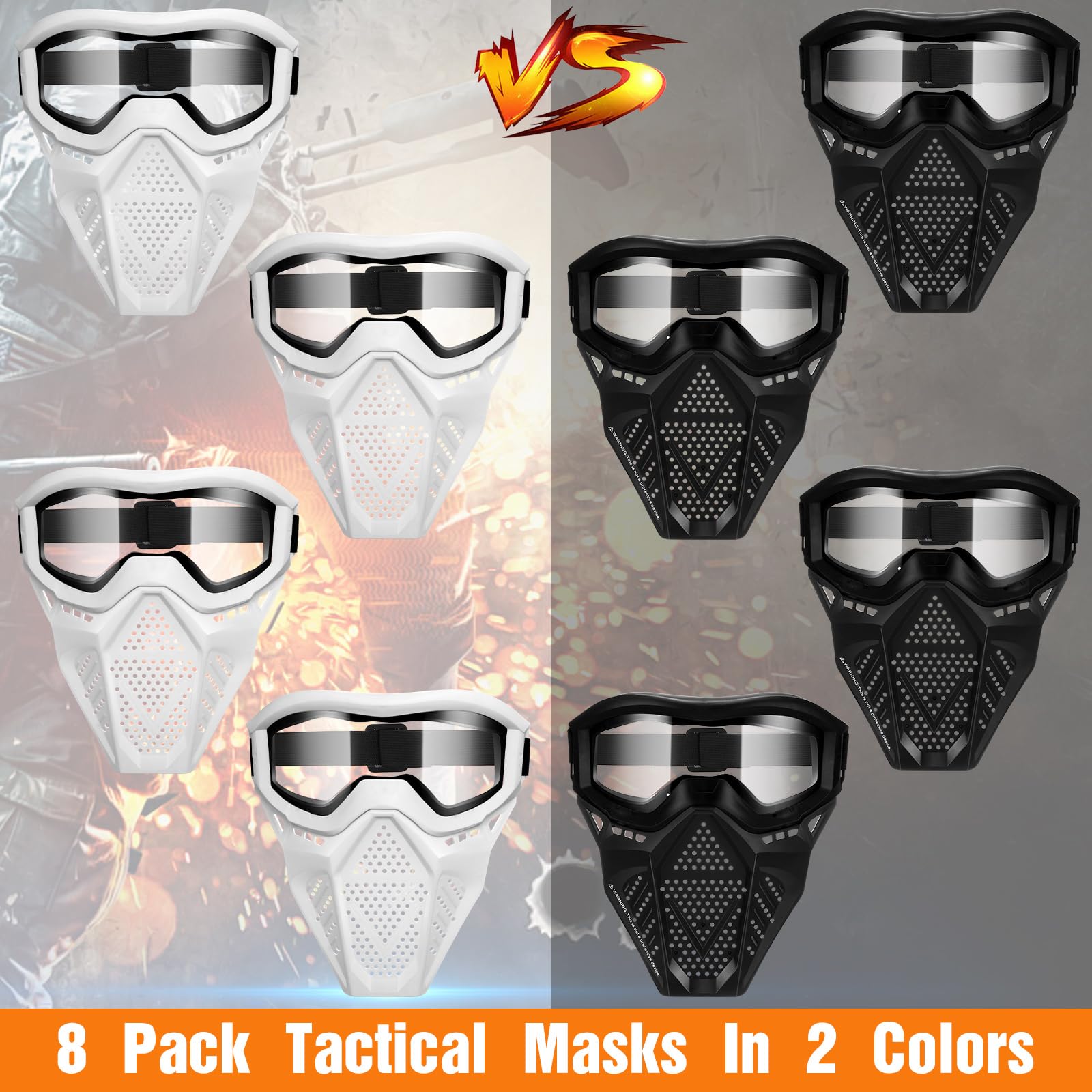 RoundFunny 8 Pack Kids Tactical Masks with Goggles,Black, White