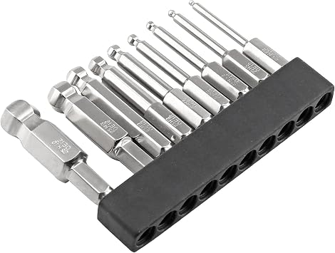 9Pcs Ball End Hex Head Screwdriver Bits Set, 1.5mm 2mm 2.5mm 3mm 4mm 5mm 6mm 8mm 10mm Magnetic Tips Ball End Drill Bit Magnetic with 1/4 Inch Hex Shank, 50mm Length
