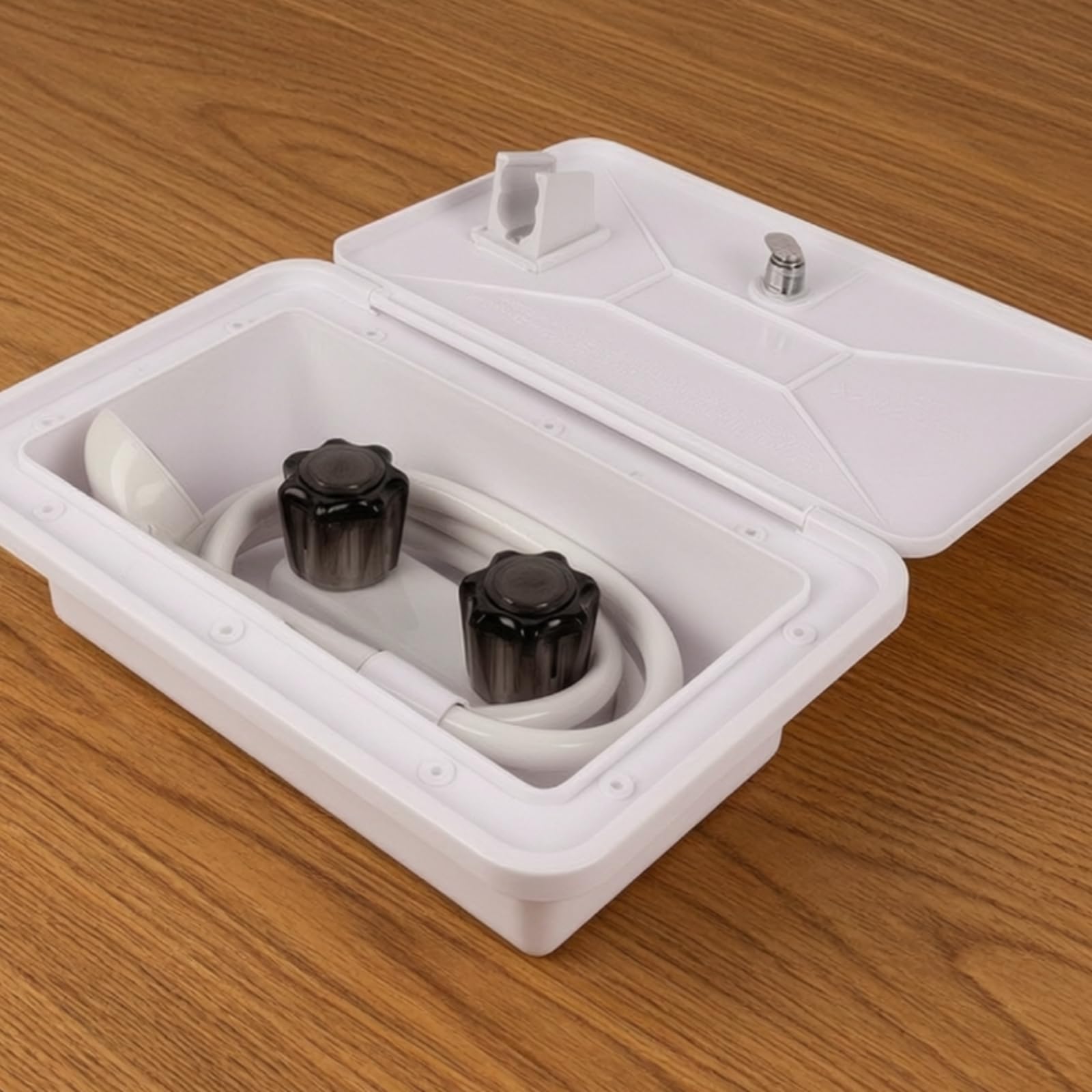 Box Doccia Esterno con Coperchio, Nero | A Tenuta Stagna, Doccetta Esterna per veicolo ricreazionale, Ergonomico, Kit Doccia con Contenitore, roulotte, Campeggio