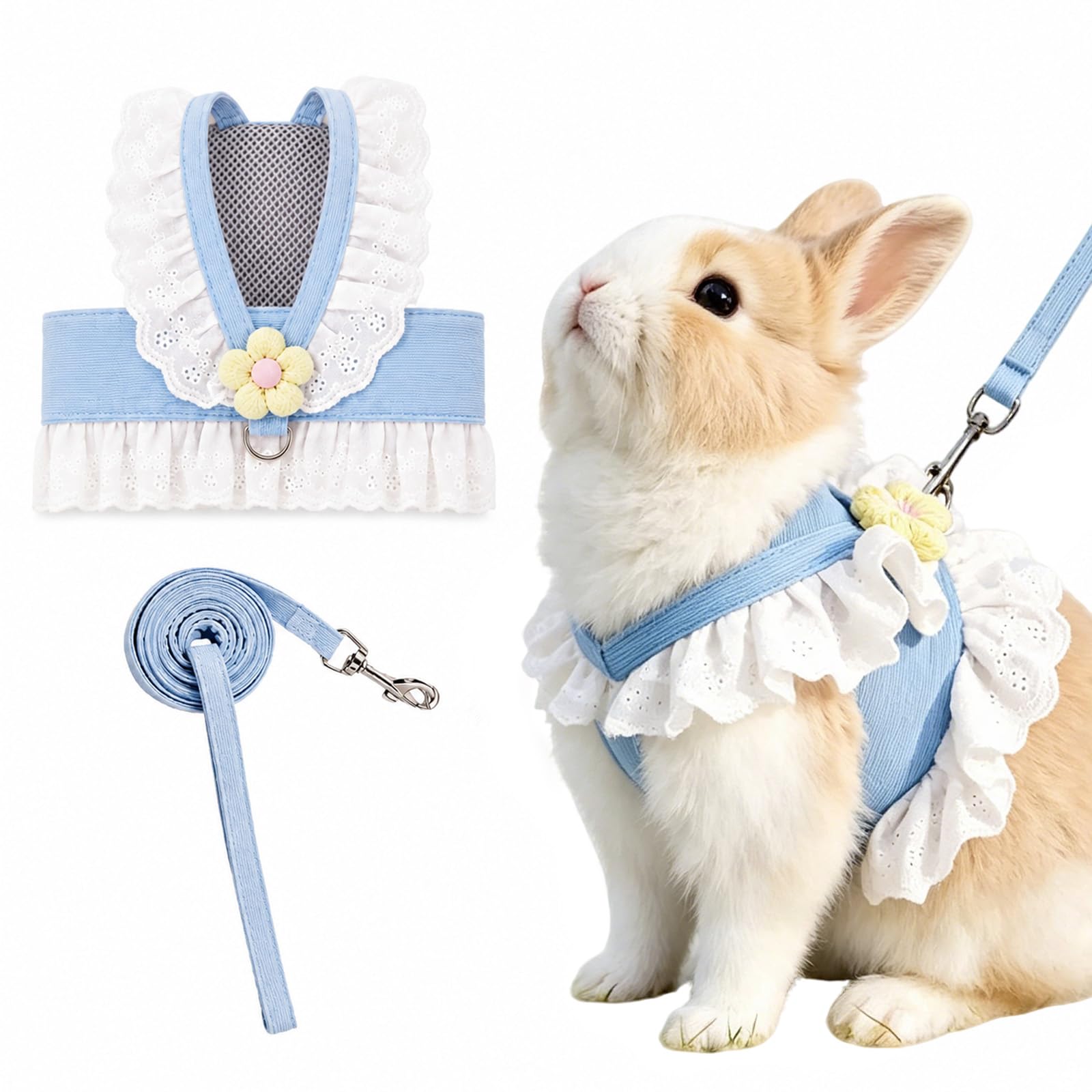 Beyinkoy Rabbit Harness and Leash Set, Adorable Flower Decor Rabbit Vest with Ruffle Lace, Adjustable and Breathable Polyester Rabbits Walking Harness with Rope (Blue, M)