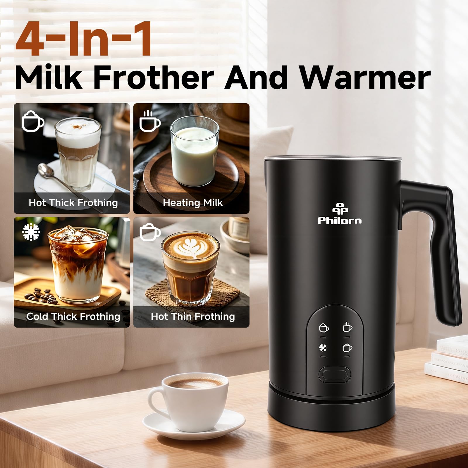 Espumador de leche eléctrico 4 en 1, espumador portátil de mano para bebidas frías y calientes