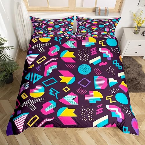 Miniatura 1 de Juego de funda de edredón estilo Memphis, tamaño matrimonial, diseño abstracto colorido con puntos funky para niños y niñas, funda de edredón