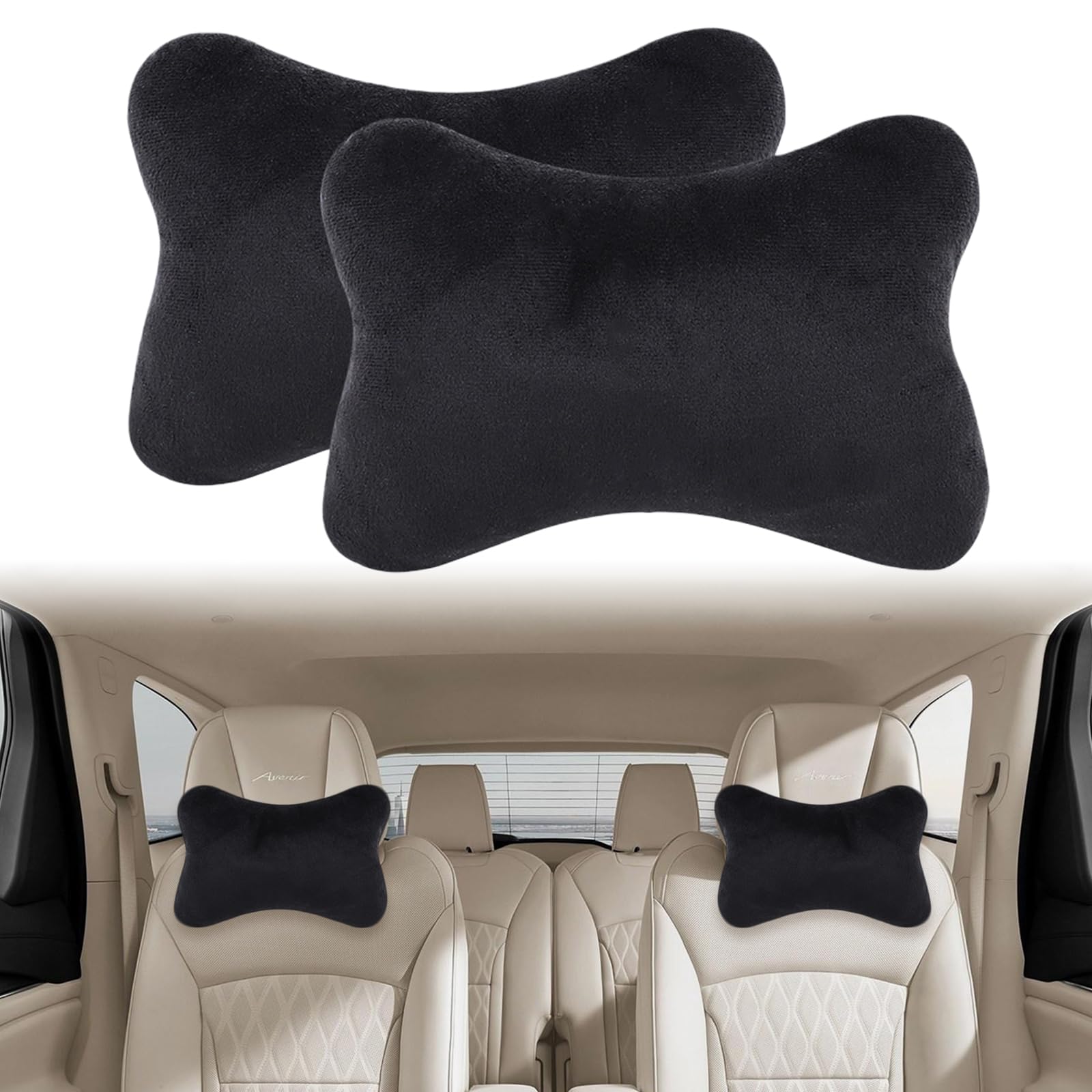 Vagcars Black 2Pcs Car Neck Pillow,Auto Headrest,Soft Breathable Car Head Support With Elastic Strap/Wash Removable Cover,Universal Neck Cushion For Driving Office Camping,Comfortable Ergonomic Design (Black)