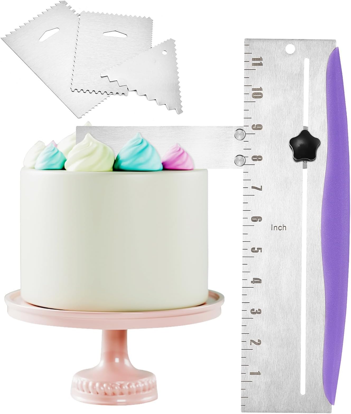 Cake Scraper,Stainless Steel Cake Smoother with 3 Pcs Dough Scraper Bowl Scraper Cutters,Stainless Steel Cake Scraper Adjustable Cake Edge Smoother Baking Cakes Comb