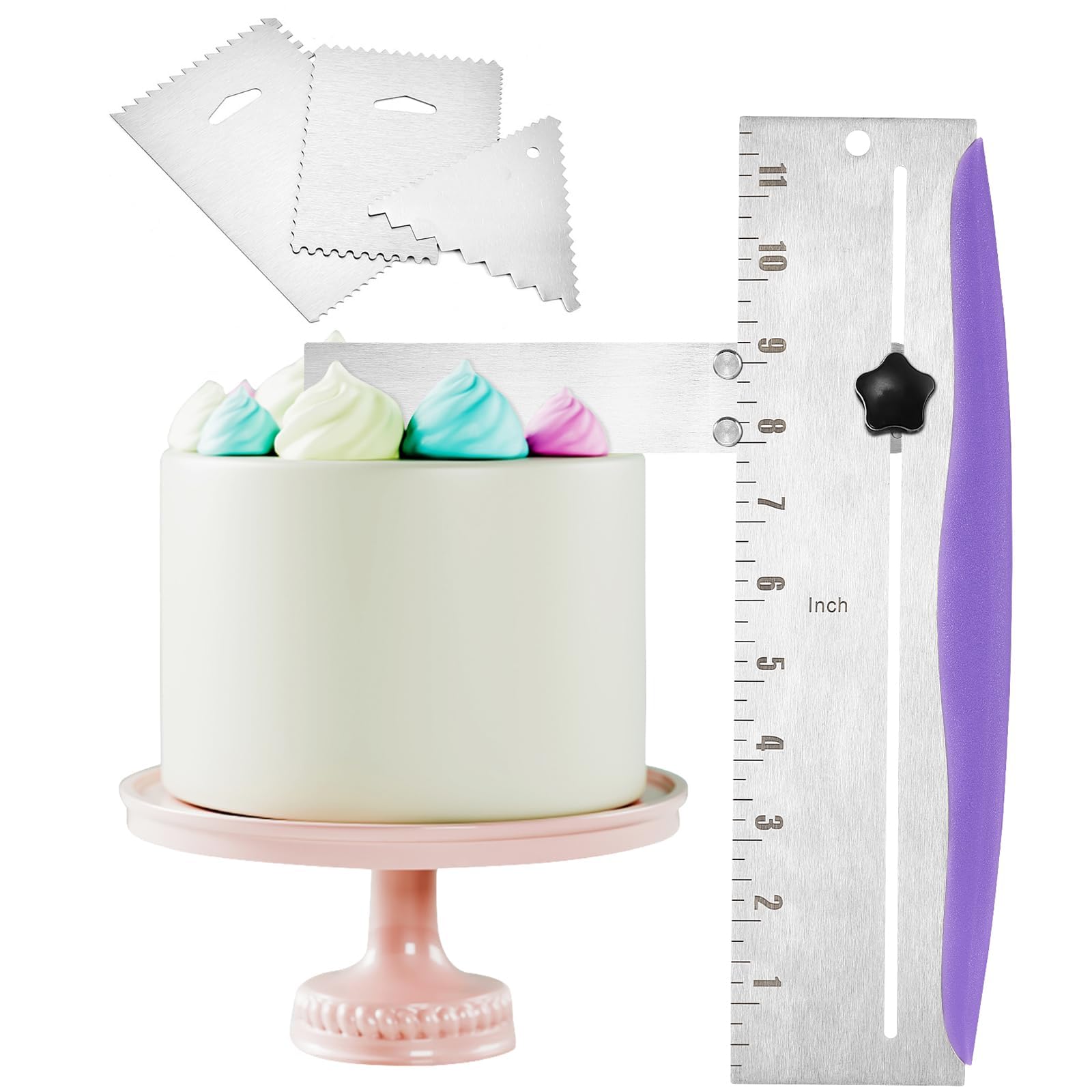 Cake Scraper,Stainless Steel Cake Smoother with 3 Pcs Dough Scraper Bowl Scraper Cutters,Stainless Steel Cake Scraper Adjustable Cake Edge Smoother Baking Cakes Comb