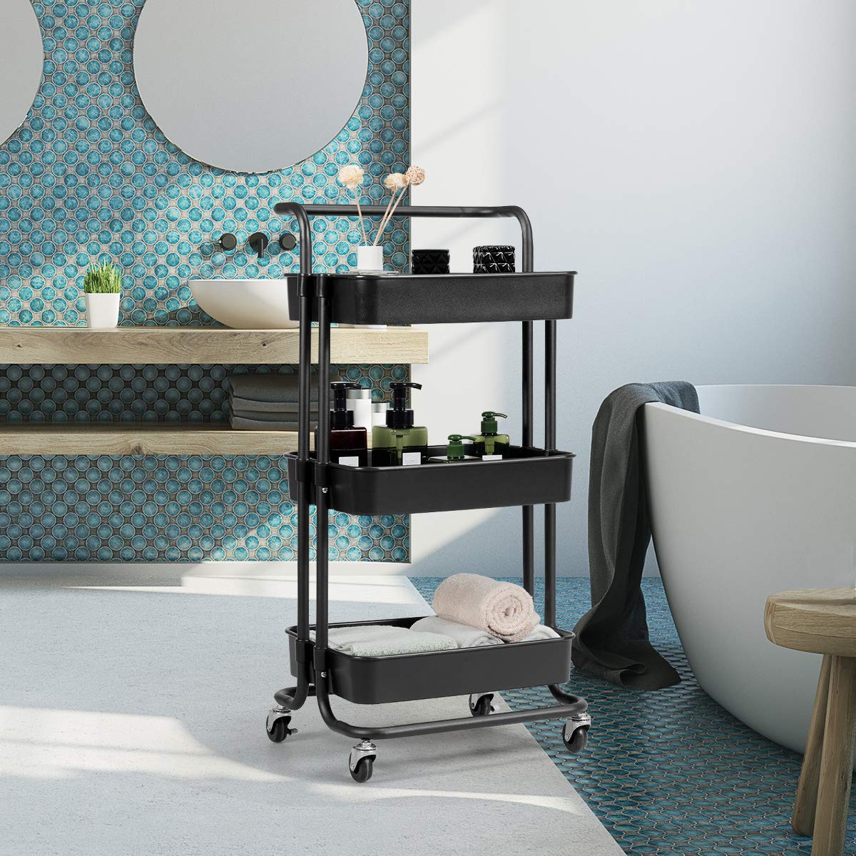 Chariot de Rangement Utilitaire de Cuisine 3 Niveaux, Desserte en Fil Métallique avec Capacité 300 kg, Chariot de Service avec Panier de 80 mm de Profondeur 6 Crochets Domicile 88,9x45,7x90,2 cm | FR