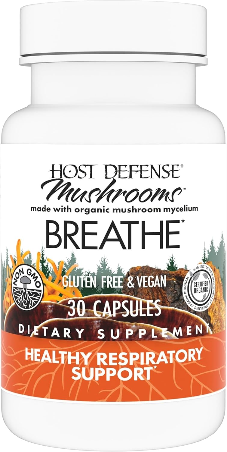 Host Defense Breathe* Capsules – Immune & Respiratory Support Mushroom Supplement – Herbal Lung Health Supplement with Chaga, Reishi & Cordyceps – 30 Capsules (15 Servings)