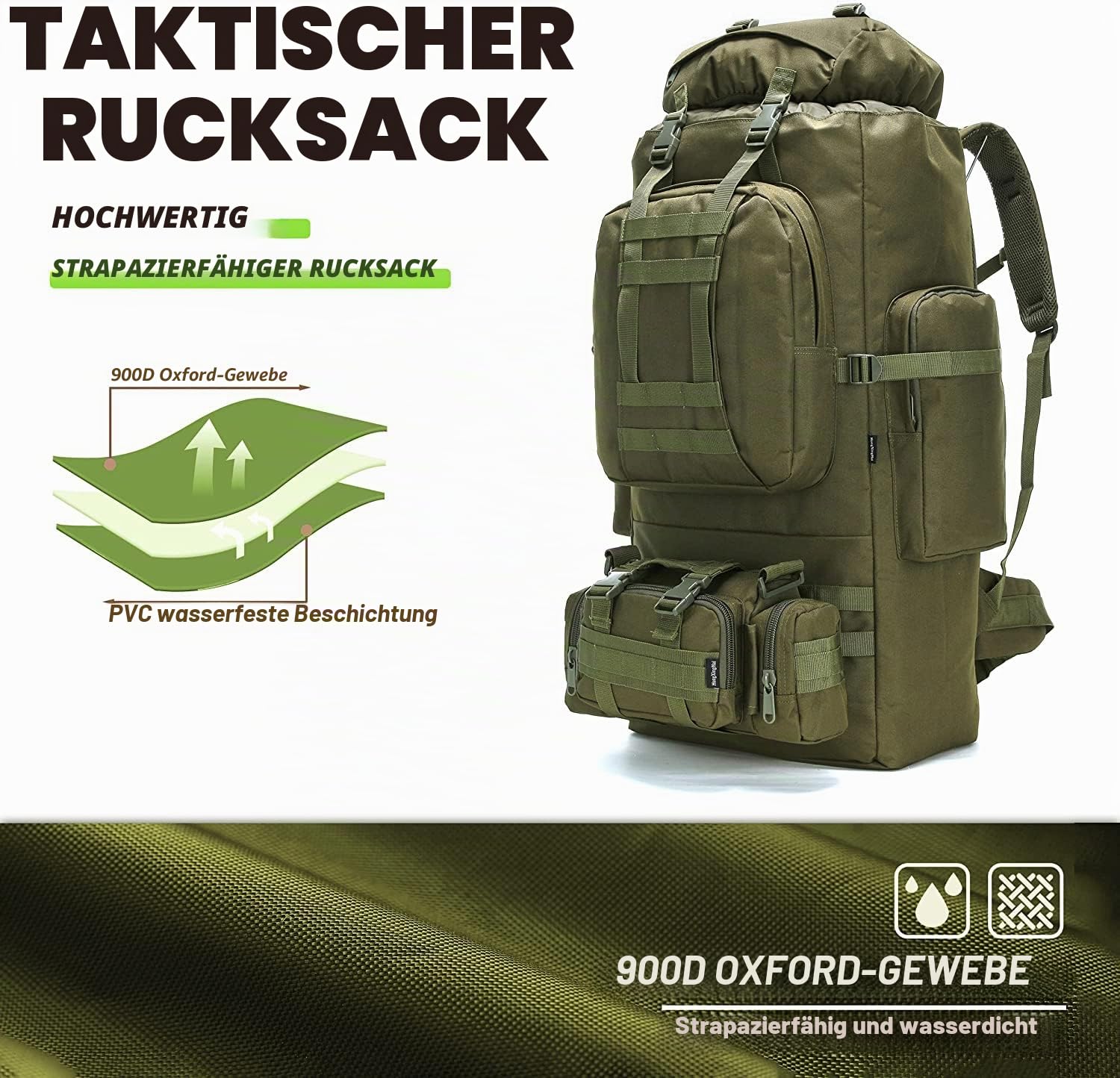 100 l Camping-Wanderrucksack, Molle-Militär-Rucksack, wasserdicht, leicht, Wanderrucksack