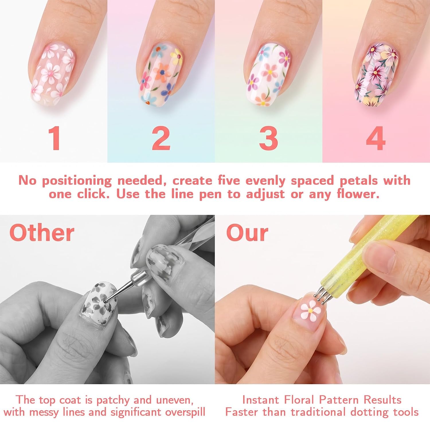 4pcs 5 Petal Flower Nail Dotting Tools Pen 1.8mm Flower Nail Tool