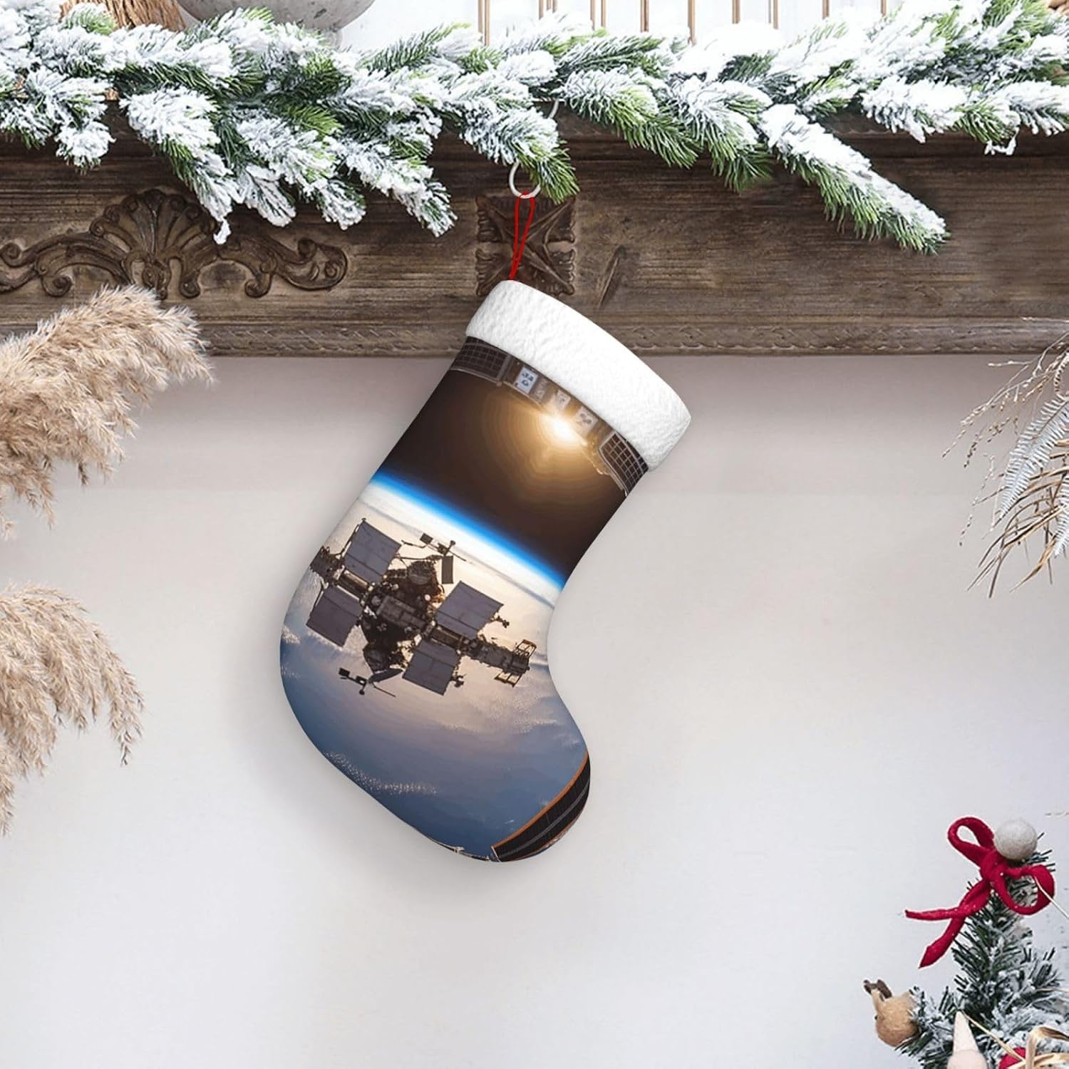 International Space Station Picture Velvet Christmas Stockings 17.7 Inch Xmas Stocking with Soft Cuff,Classic Personalized Christmas Tree Hanging Decoration for Family Holiday New Year Party Decor image 2