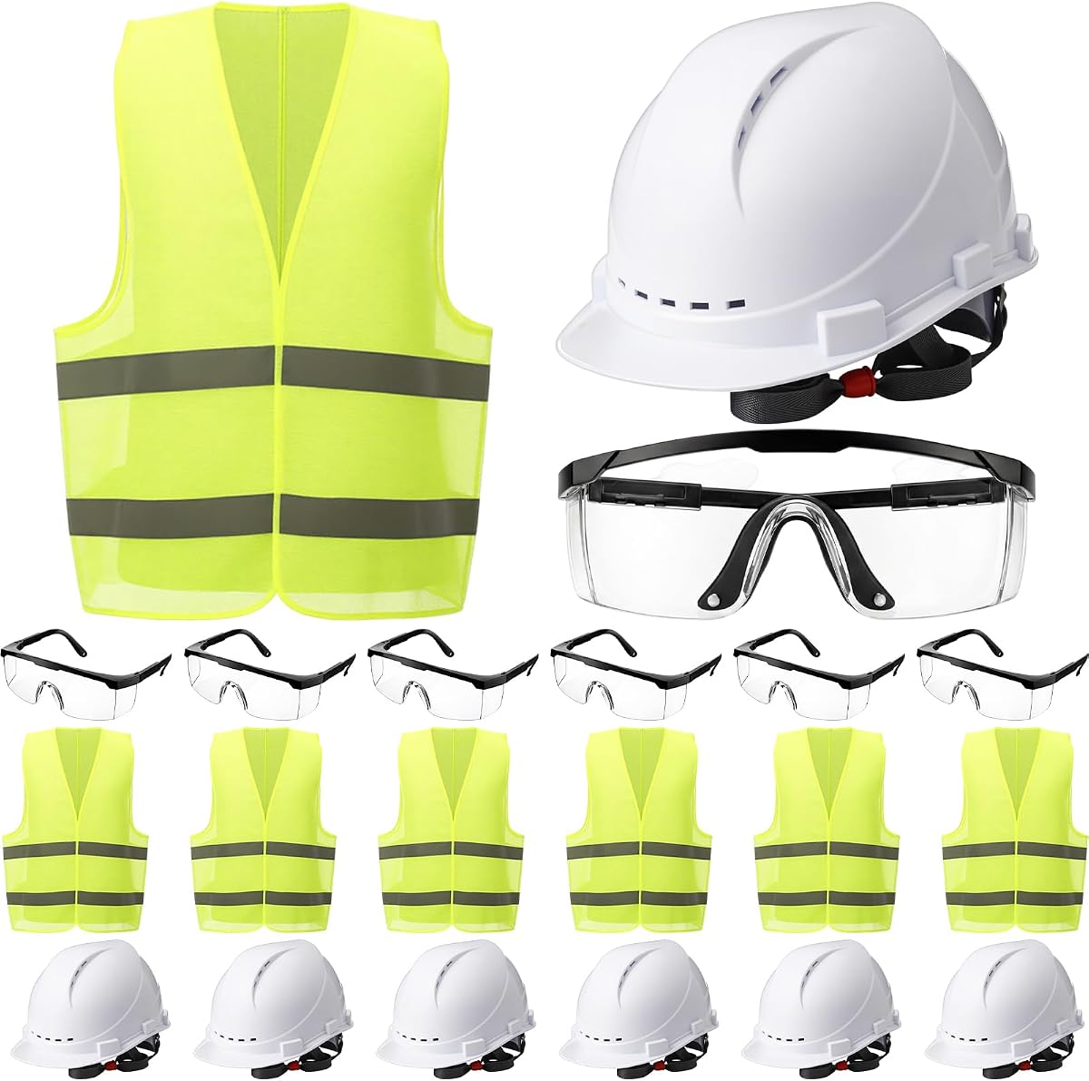 Mumufy 18 Pcs Suspension Hard Hats Safety Helmets Vented Cap Style Helmet with High Visibility Vest Mesh Reflective Anti Fog Safety Goggles Adjustable Temples for Construction Work(White, Yellow)