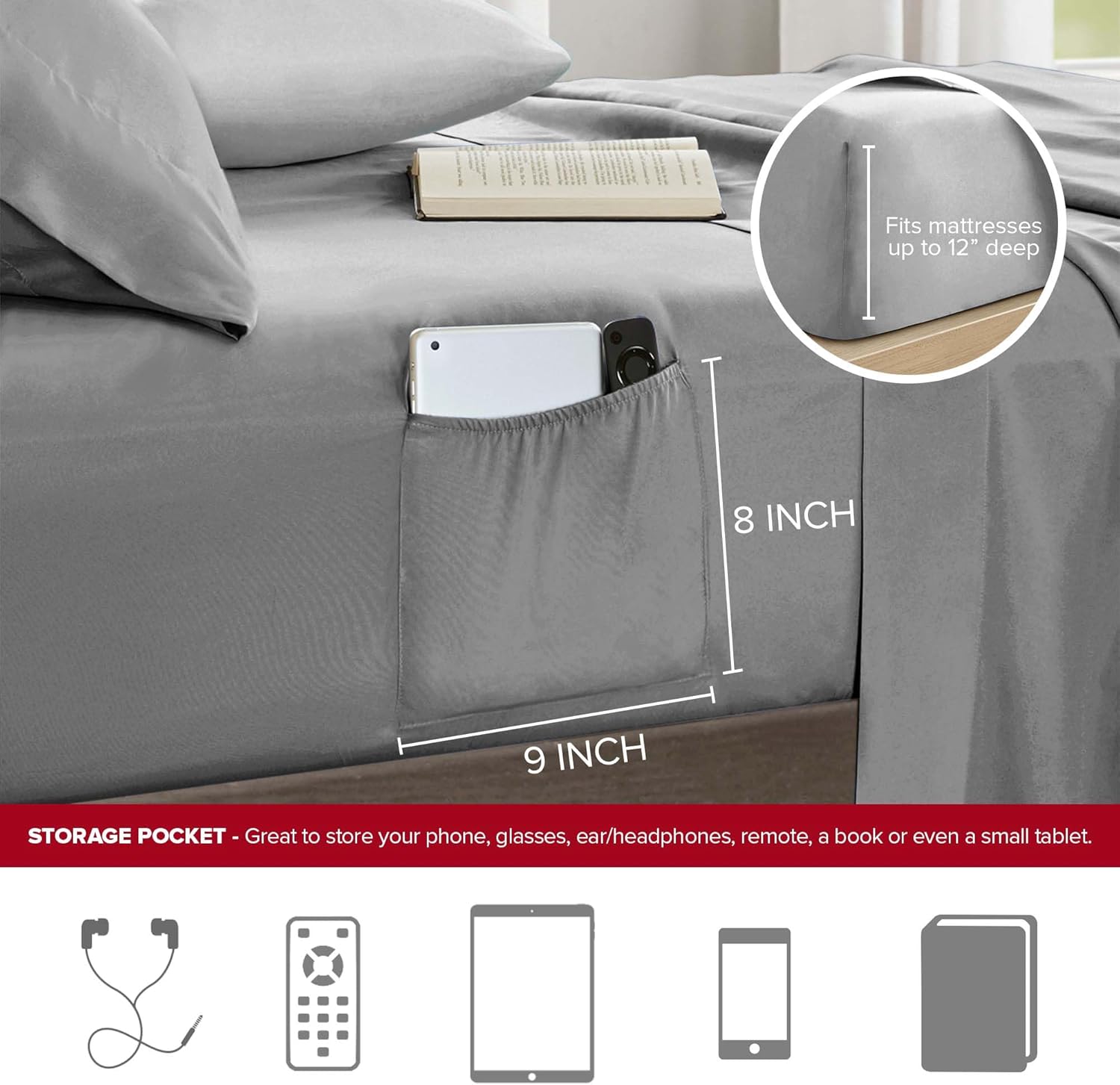 Comfort Spaces Twin XL Comforter Sets with Sheets - Bed in a Bag 6 Pieces Teen Bedding Sets, Red and Grey Stripes Bedding Twin XL, College Twin XL Bed Set with 2 Side Pockets Bedroom Organizer - Image 4