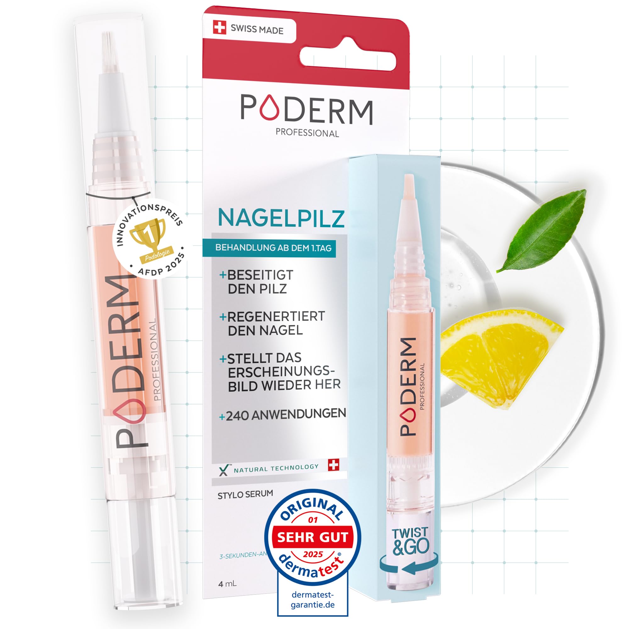 Poderm Nagelpilz-Serum-Stift – Entwickelt von einem Podologen – Hergestellt in der Schweiz – Supplend Stift für Fuß- & Fingernägel