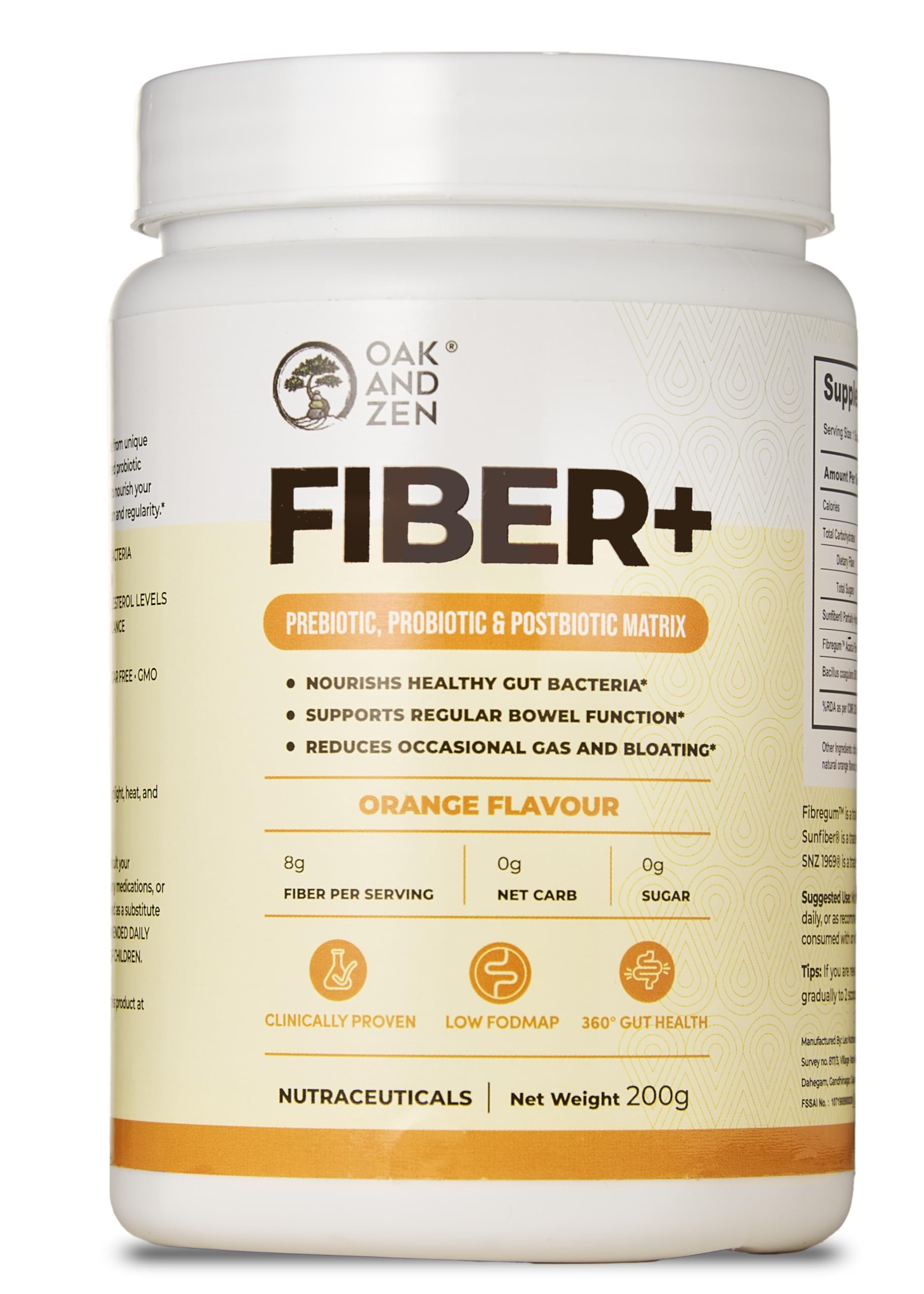 OAK AND ZEN FIBER+ | Gut Health | Regularizes Bowel Movement | Weight Management | Heart Health | Prebiotic & Probiotic for Stomach Upset, Gas, Bloating, Constipation relief | Sunfiber® Partially Hydrolyzed Guar Gum (PHGG), Fibregum™ Acacia Fiber & Bacillus coagulans SNZ 1969® | Delicious Orange Flavour, Sugar-Free, 200g Powder.