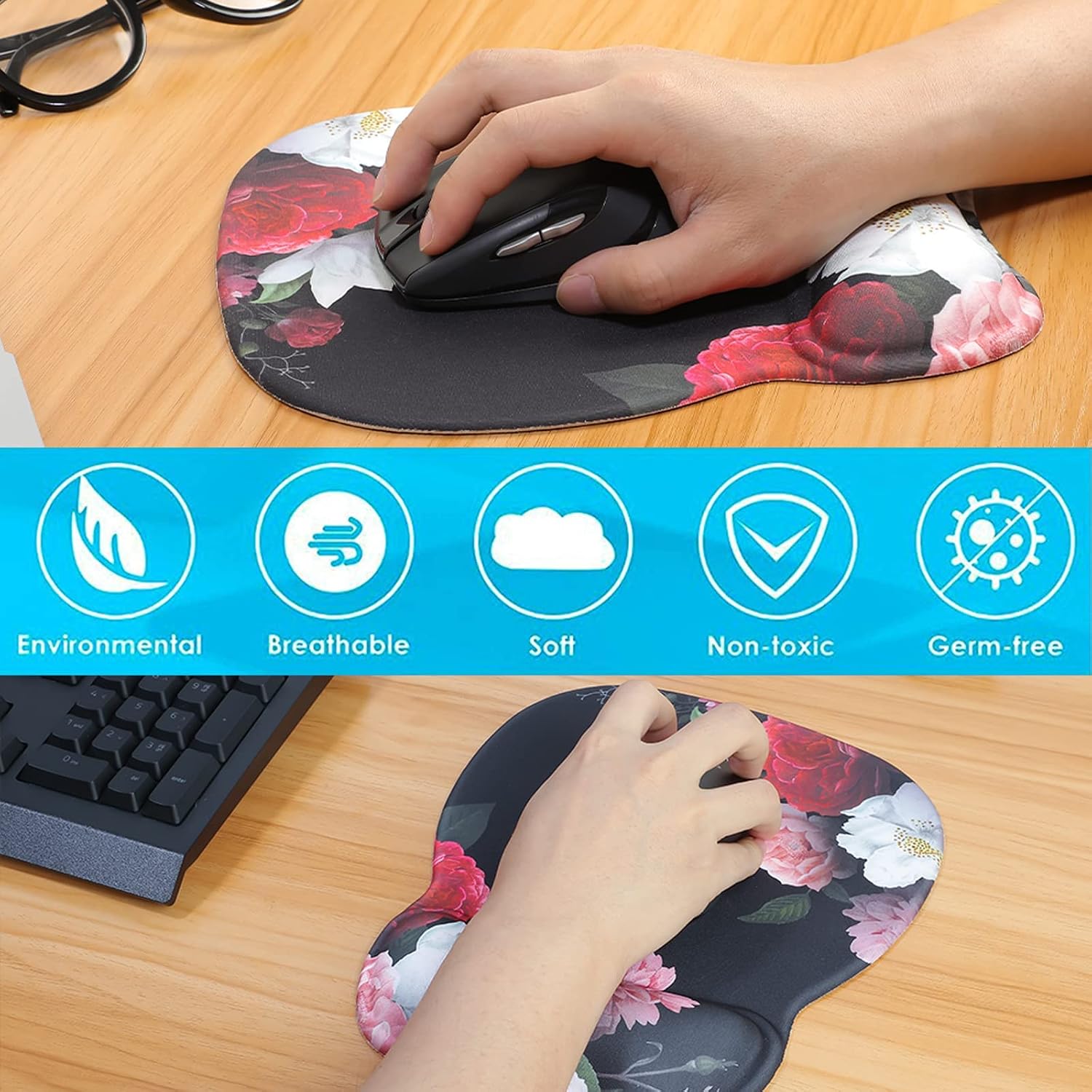 MROCO Ergonomic Mouse Pad with Wrist Support Gel Mouse Pad with Wrist Rest, Comfortable Computer Mouse Pad for Laptop, Pain Relief Mousepad for Office & Home, 9.4 x 8.1 in, Black