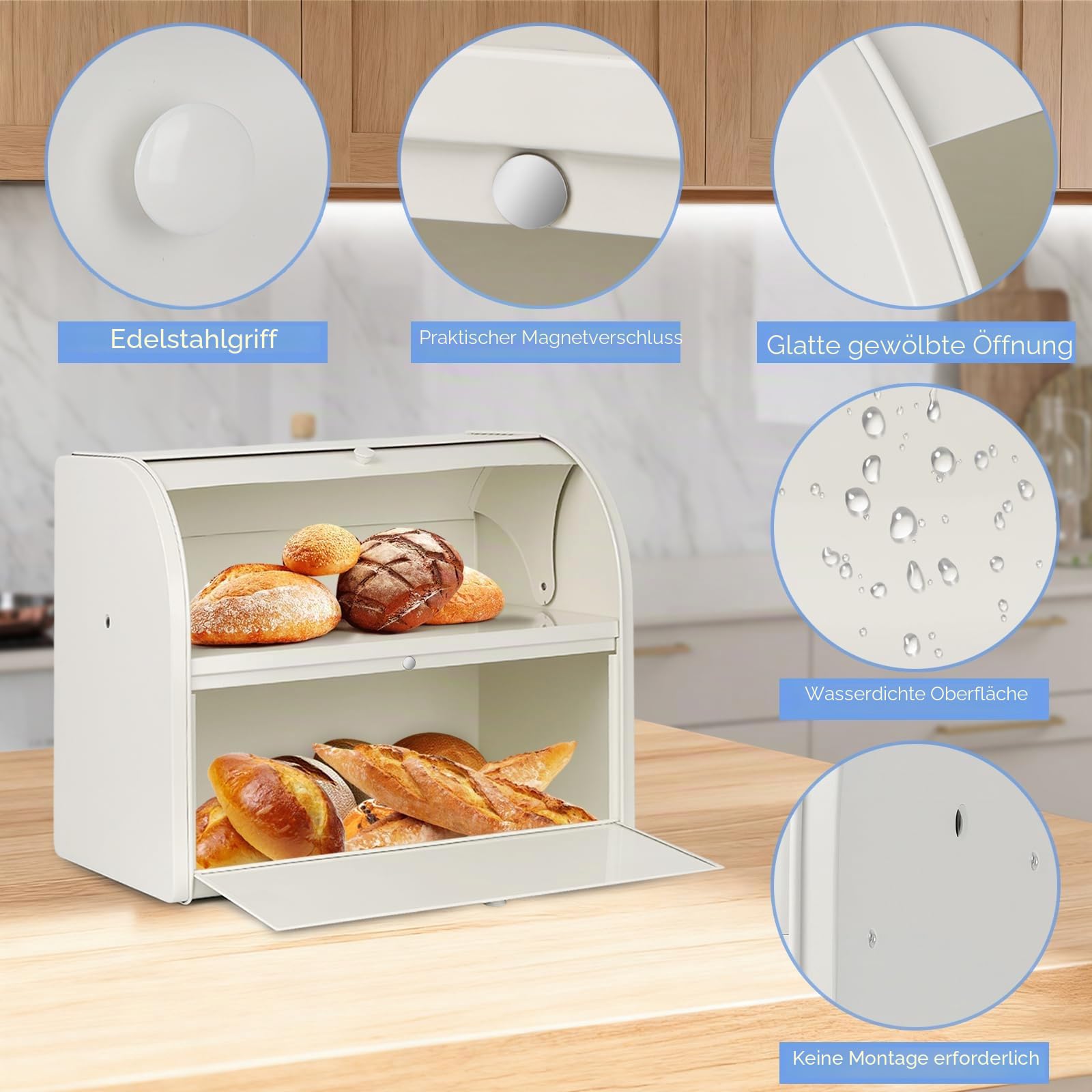 Edelstahl Brotkasten 2 Etagen mit Rolltop Deckel, extragroßer Brotbox Schwarz, Metall Brotbehälter bereits montiert, 40x24x32 cm Küchenaufbewahrung, geeignet für Gebäck und Kekse, Milchweiß