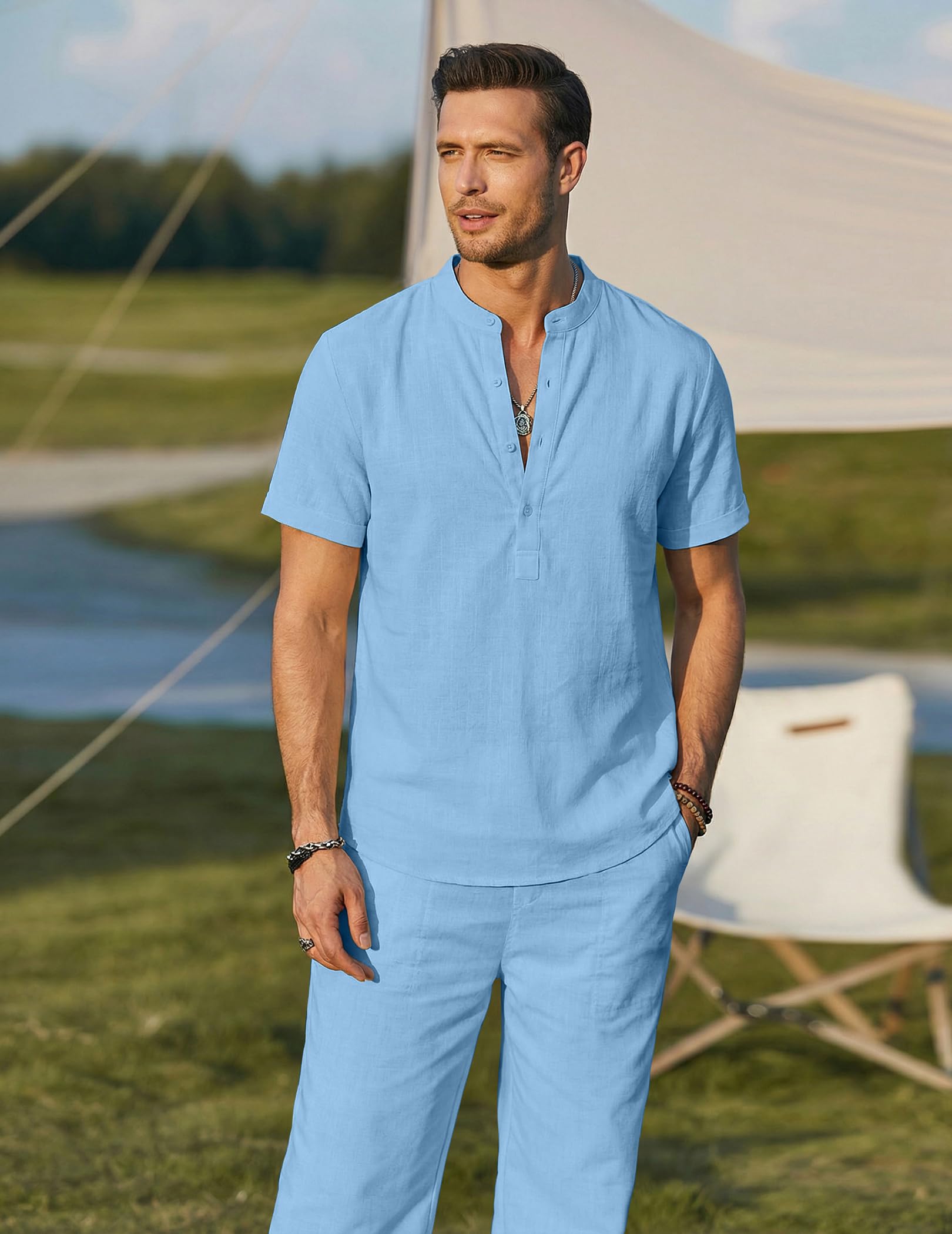 COOFANDY Set da 2 pezzi da uomo in cotone e lino, a maniche corte, casual, con camicia Henley, pantaloni estivi da spiaggia e per le vacanze