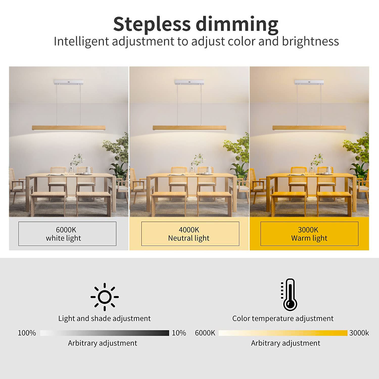 LED Madera Lámpara Colgante Mesa de Comedor, Cocina, Luz Colgante Regulable Interiore Control Remoto y App Diseño Moderno, Ajustable Temperatura de Color, Brillo, Altura,L100CM/36W