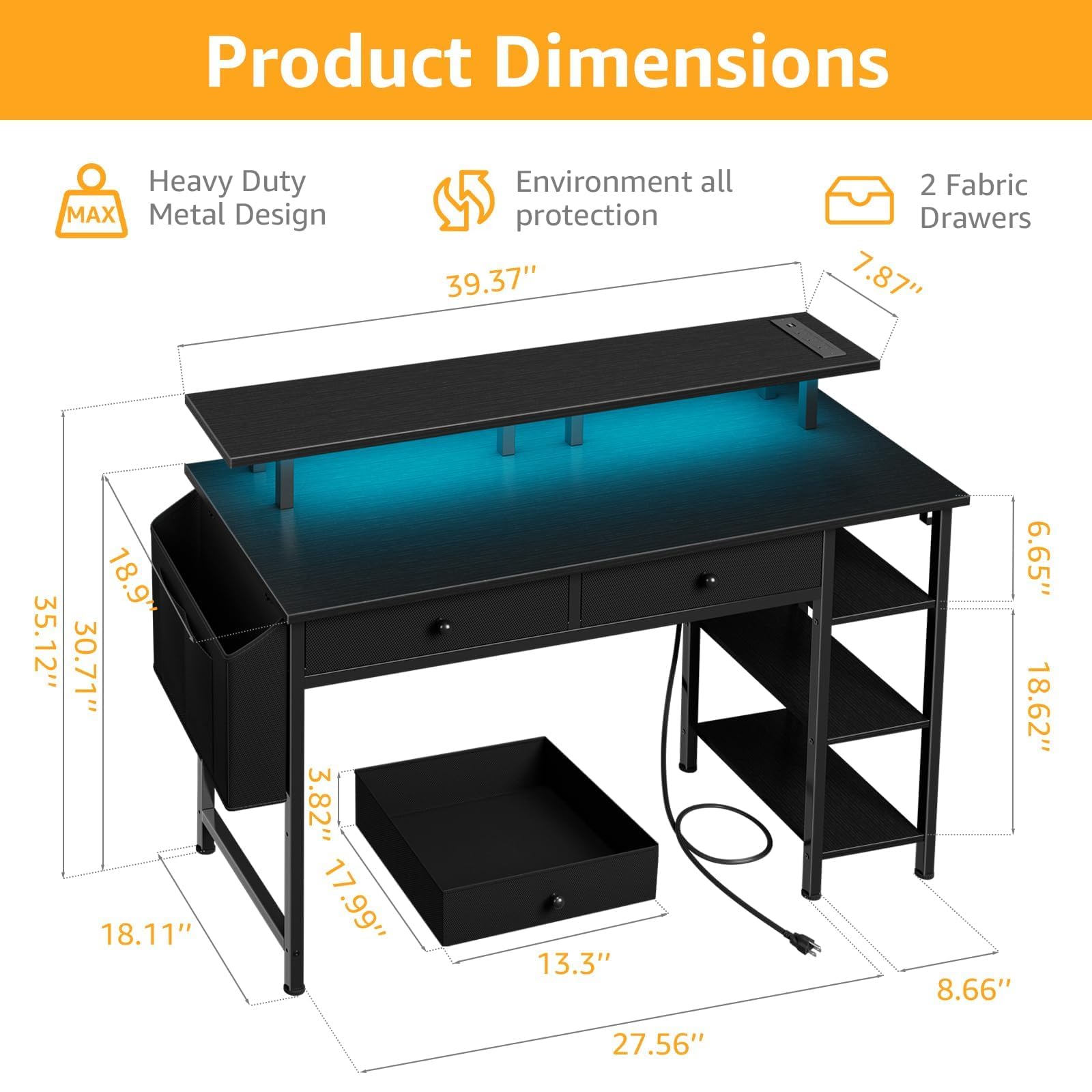 DLisiting Black Gaming Desk with Shelves and Drawers - 39 Inch Small Gaming Desk with Storage Shelves for Boys Teens Bedroom, Black Computer Desks with Drawers, Monitor Stand, Power Outlet: Black 39.4''