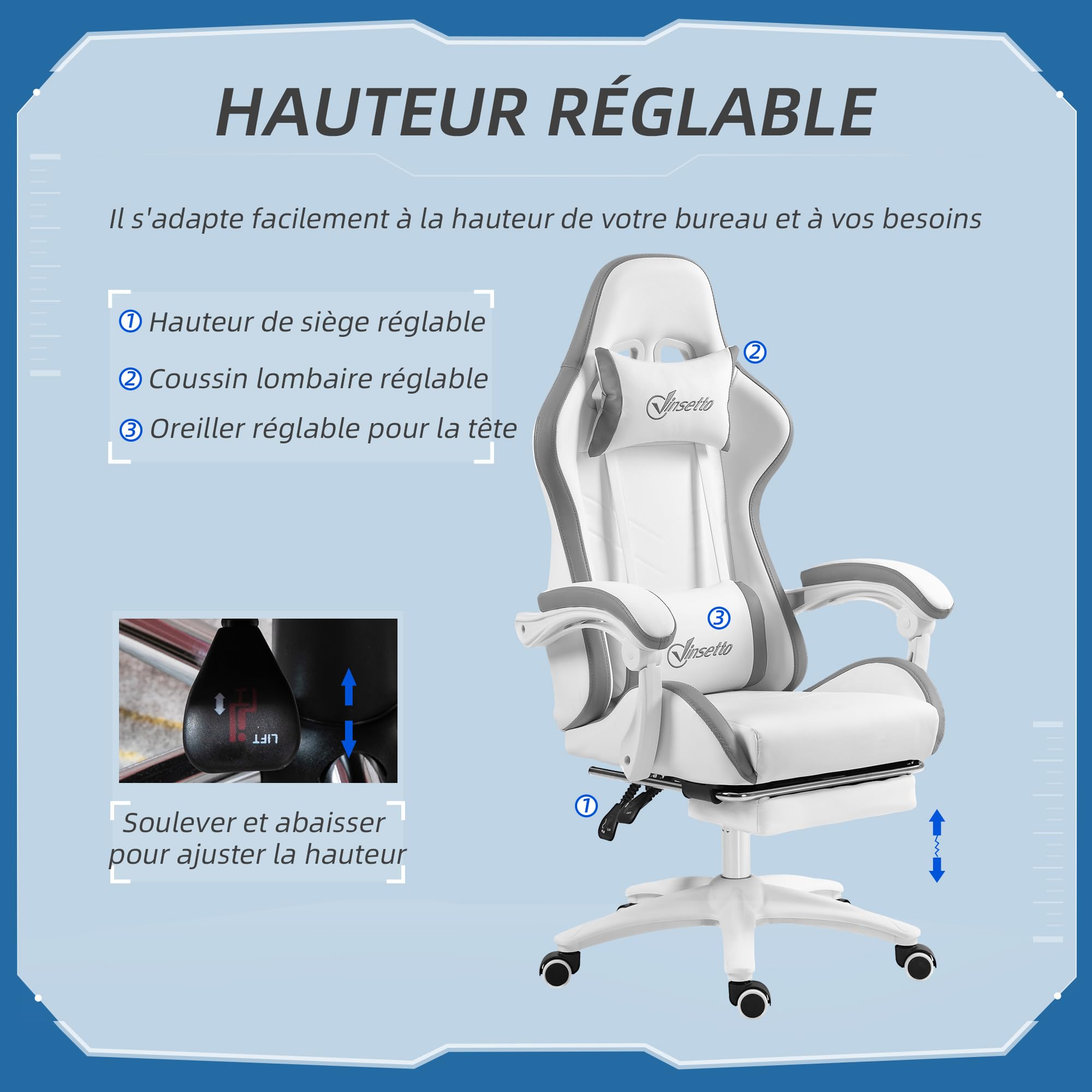 Vinsetto Gaming chair Sedia da gioco ergonomica con poggiapiedi telescopico, schienale reclinabile a 135°, poggiatesta e supporto lombare regolabili, sedia da ufficio girevole a 360° in similpelle,