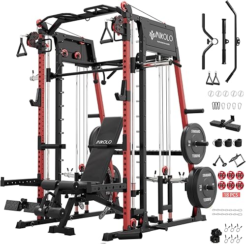 Miniatura 24 de Máquina de Smith Mikolo, banco de sentadillas de 2200lbs con sistema de tracción LAT y máquina de cruce de cables, equipo de entrenamiento con