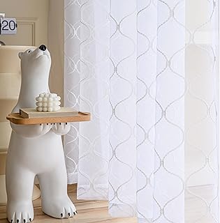 Embroidered Wave Diamond Sheer Curtains White 95 Inches, Window Treatments Rod Pocket Drapes for Living room, Bedroom, Semi Voile Curtain Panels for Yard, Patio, Villa, Parlor, Set of 2, 52