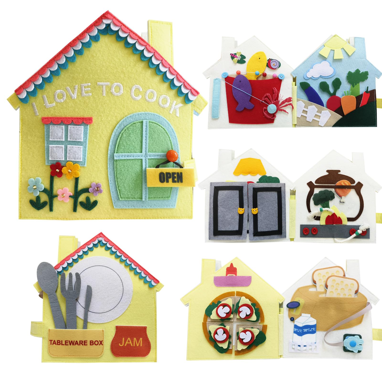 MOVEBO Quiet Book for Toddlers 1-3,Fun Interactive Busy Book with Cooking,Fishing,Planting,Pizza Making & Dinner Prep - Montessori Toy (Kitchen Story)
