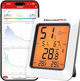 ThermoPro TP350 Thermomètre Bluetooth, Hygromètre D'intérieur avec Alertes, Humidimètre avec Application Intelligente, Enregistrement et Exportation des Données sur 2 Ans, Pour Chambre et Bureau