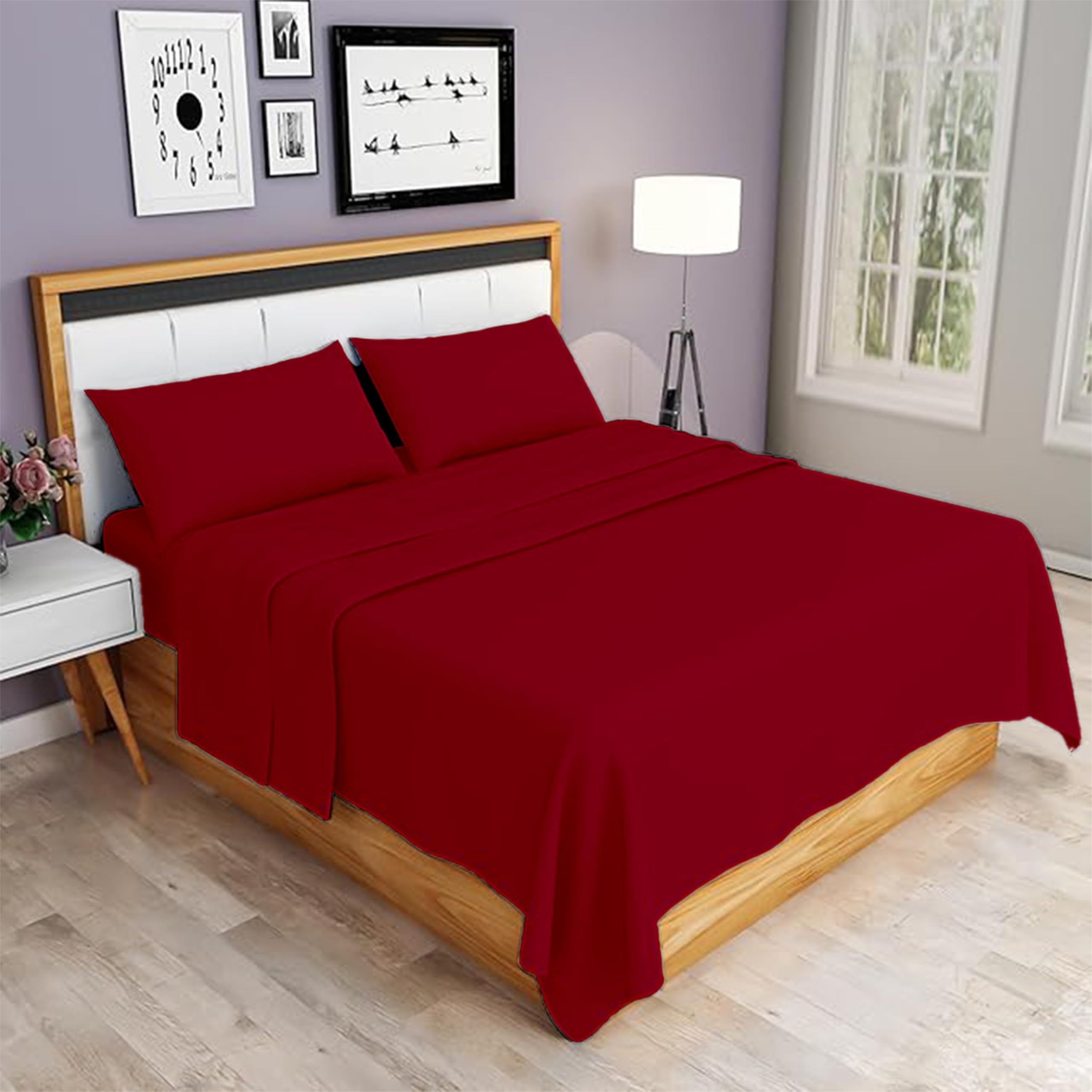 Rohi 4 Piece Brushed Cotton Flannelette Sheets & Pillowcases Set – Includes 1x Fitted Sheet, 1x Flat Sheet, & 2x Pillowcases – Soft, Warm & Cozy Brushed Cotton Sheets Set (King, Red)