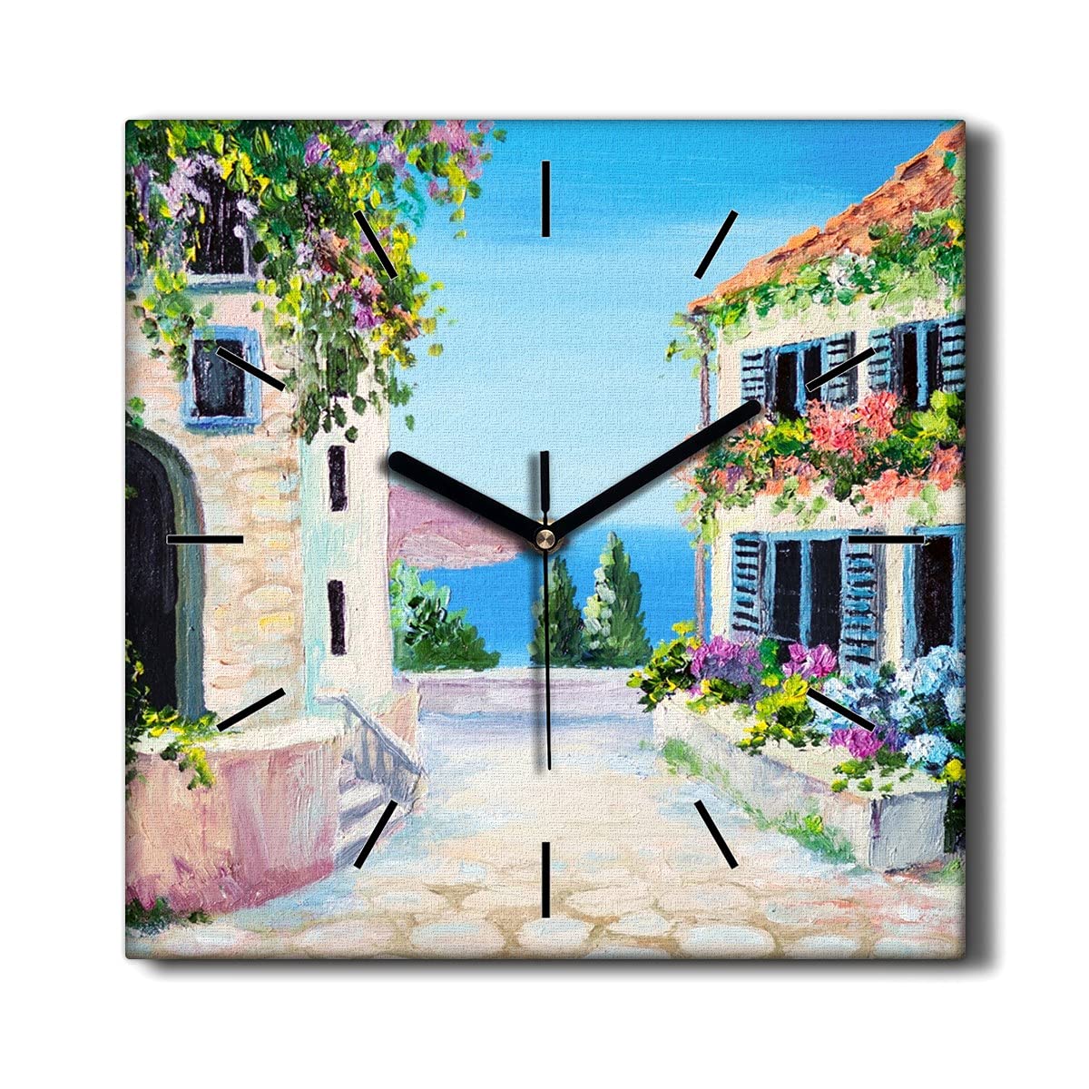 Horloge sur toile 30x30cm Santorin fleurs mer pour décoration murale de salon moderne