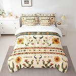 Feelyou Rustic Western Comforter Set Full Size Bull Skull Floral Printed Bedding Set for Kids Boys Girls Room Decor Vintage Sunflower Farmhouse Comforter Geometric Western Boho Quilt Set