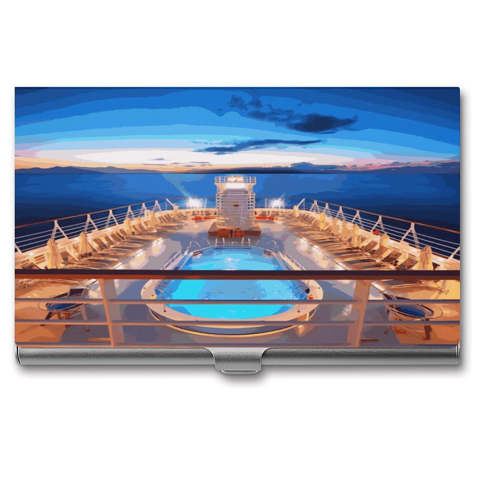 LDGSUPH Pool Party Cruise Ship Business Card Holder Fashion Slim Name Card Holder Minimalist Design Case Metal Card Carrier Personalized Business Card Case with Flip for Men Women