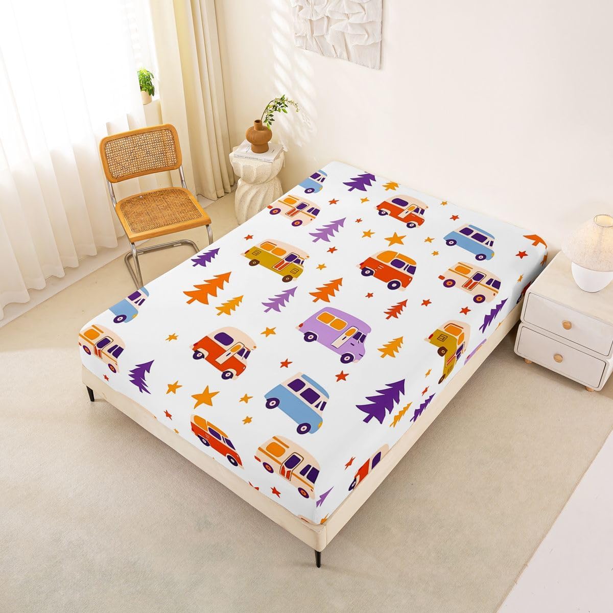 jejeloiu Happy Camping Bed Sheets Set Full Size Camper Bed Set for Kids Boys Girls Cartoon Camping Car Deep Pocket Fitted Sheet Breathable Soft Lightweight Microfiber