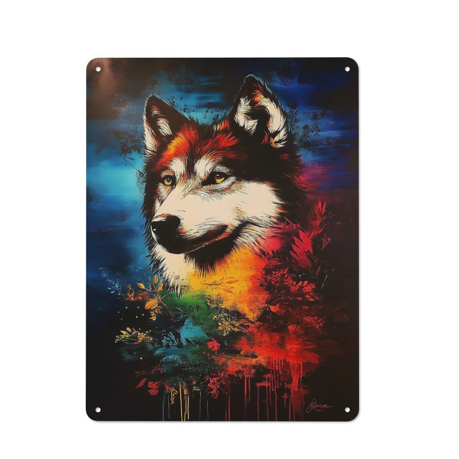 Wolf Portrait with Floral Background Metal Wall Art Sign 40x30cm, Vintage Old Style Wall Plaque for Living Room, Hallway, Kitchen Or Cafe