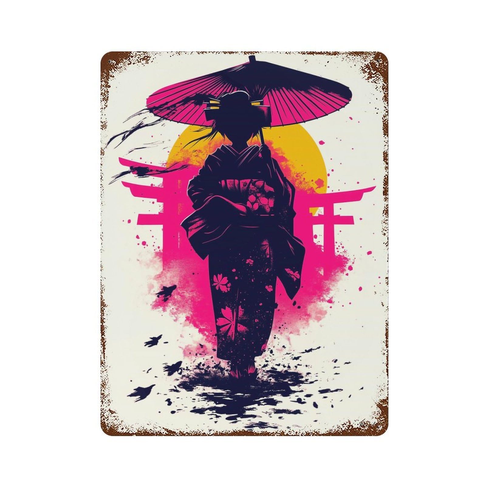 Garage Style Geisha Silhouette at Sunset – Traditional Elegance Rust Effect Tin Sign 15.7"x11.8", Farmhouse Wall Decor for Bar And Workshop