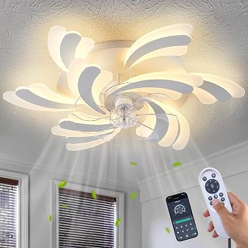 Yfrest Modern Ceiling Fan with Light and Remote, Low Profile Ceiling Fans with Lights, 31 Inch Flush Mount Ceiling Fan with 3 Light Color 6 Speeds, Fandelier Ceiling Fans for Living Room, Dining Room