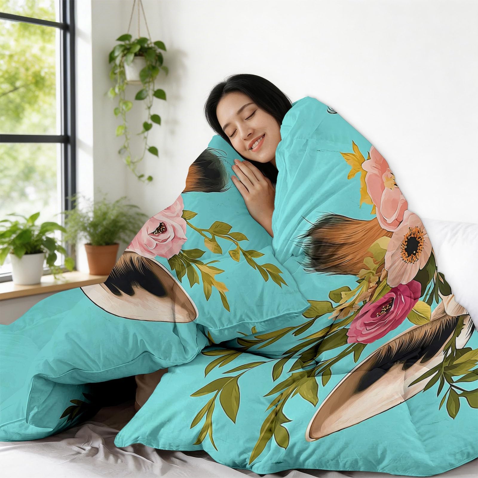 CozyRest Edredon Relleno nordico Cama Infantil Algodón - Jirafa Estilo Bohemio Cama 105 - Bebe rellena Juego de Manta 200x200 cm con Almohada 50 x 75 cm por niños e niñas Turquesa