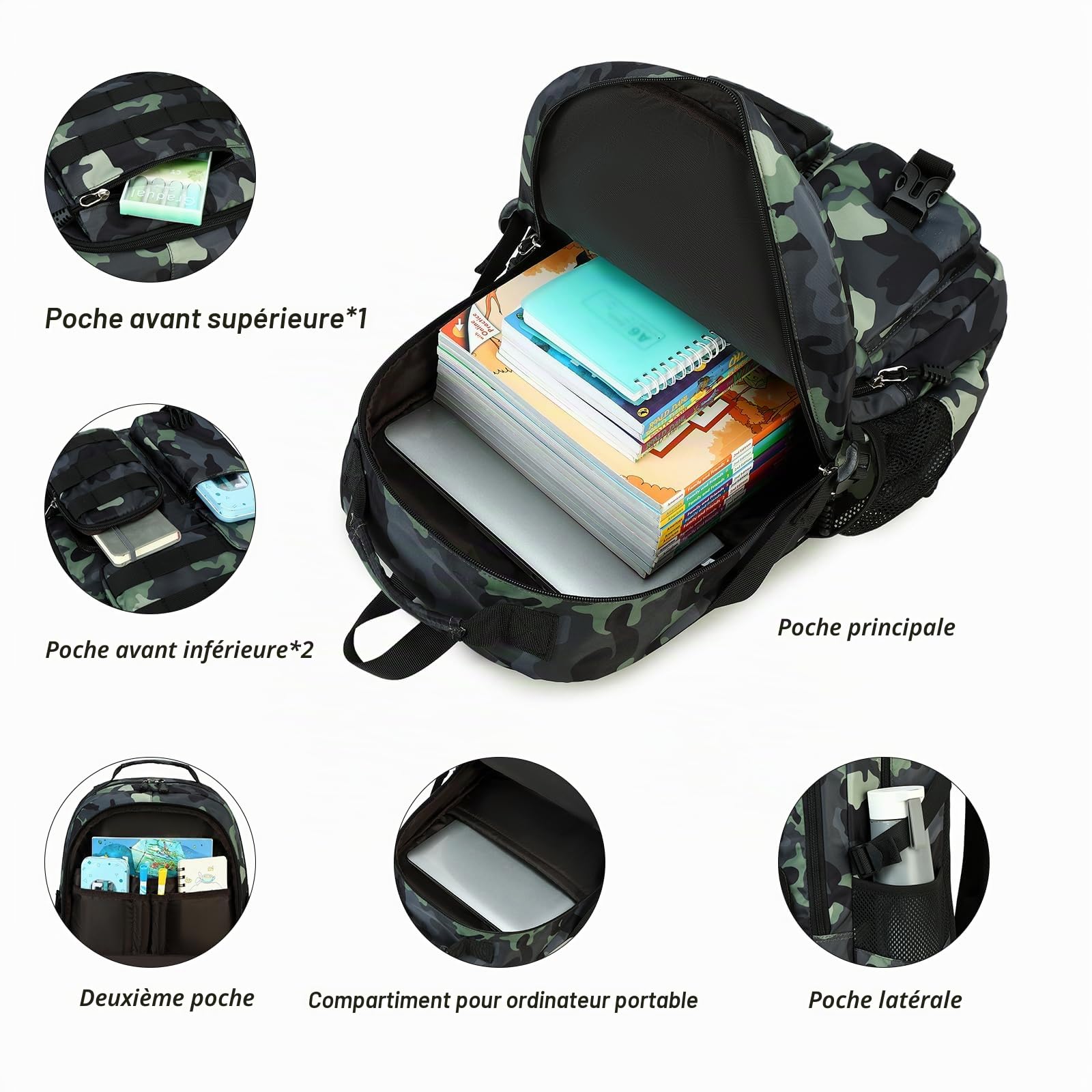 Lmwzh Sacs à dos pour garçons sacs à dos d'école sacs à dos pour jeunes grand sac à dos Camouflage étanche