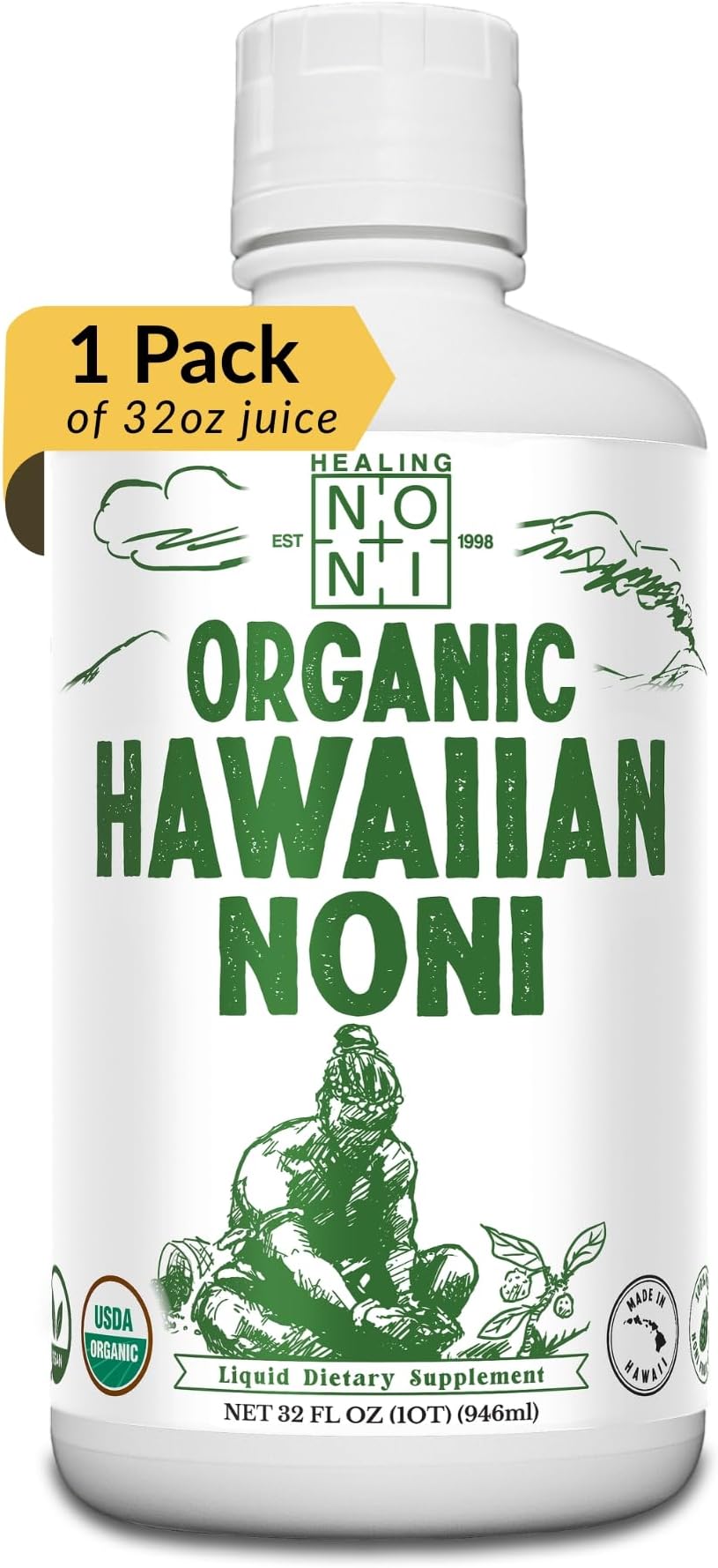 Healing Noni Juice, 100% Pure, USDA Organic - Hawaiian - Value Pack 1x | 1 ingredient; never from concentrate; no added water or sugar; Non-GMO, Gluten-Free, Vegan; daily wellness shot