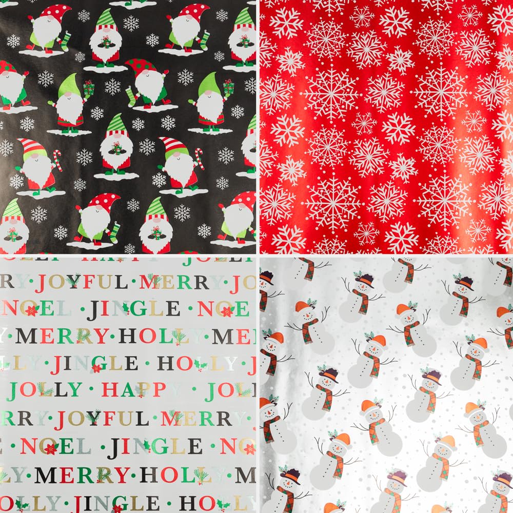 JAM Paper Geschenkpapier, Weihnachtsgeschenkpapier, 30 m² insgesamt, verschneite Feiertage, holografisches Set, 4 Rollen/Packung