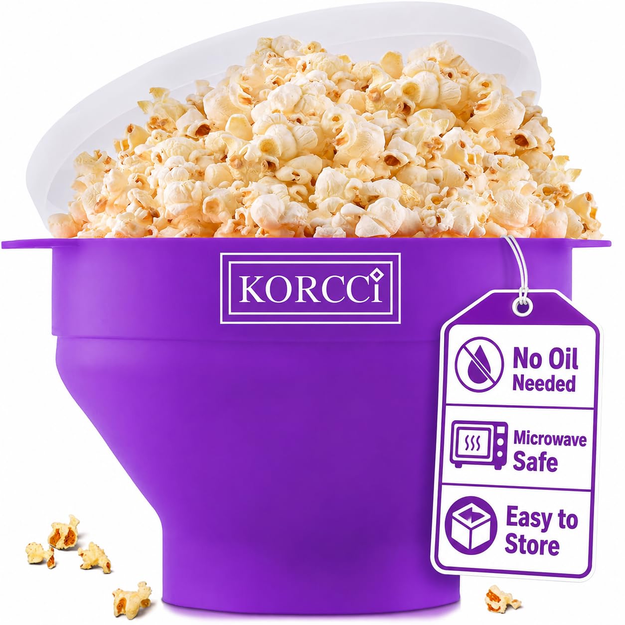 The Original Korcci Microwaveable Silicone Popcorn Popper, Microwave Popcorn Popper, Collapsible Microwave Popcorn Maker Bowl, No Oil Needed, Use In Microwave, Dishwasher Safe (Purple)