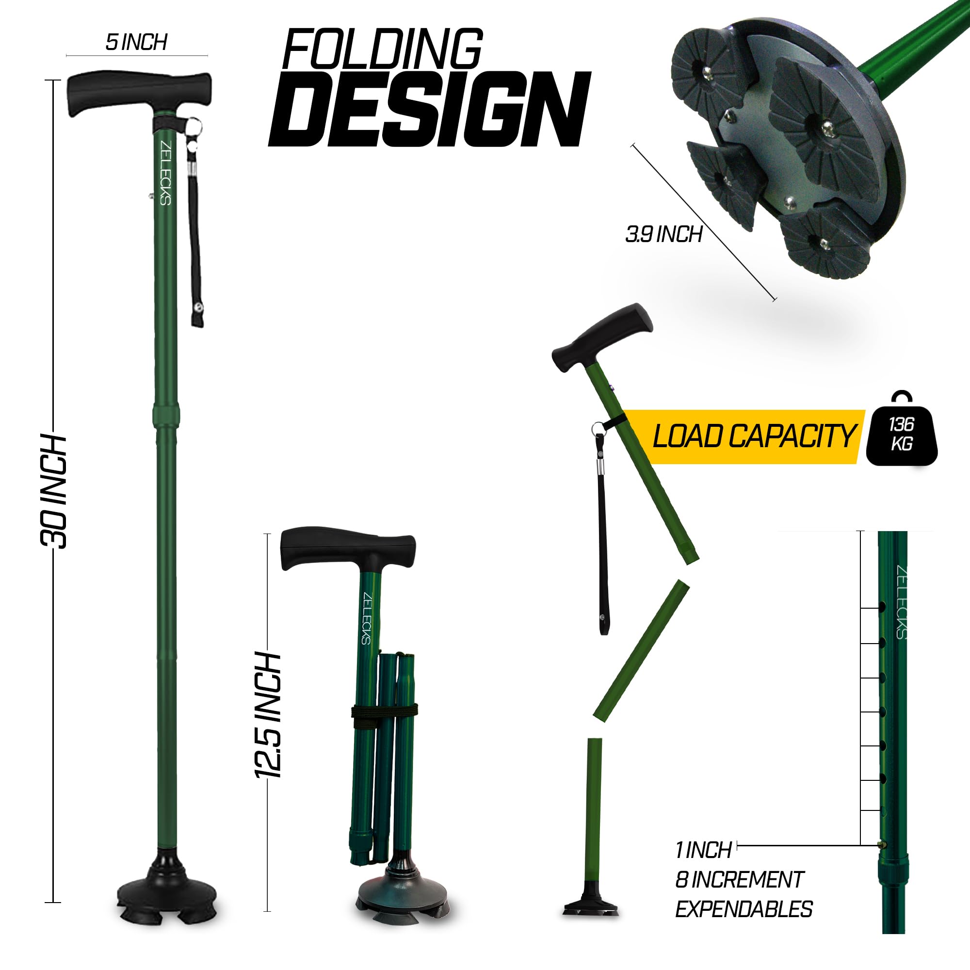 ZELECKS bastón para mujeres y hombres - Caña plegable ajustable autoajustable con mango en T y base de pivote 360 - palo de caminar plegable ligero para personas mayores - caña plegable para caminar -