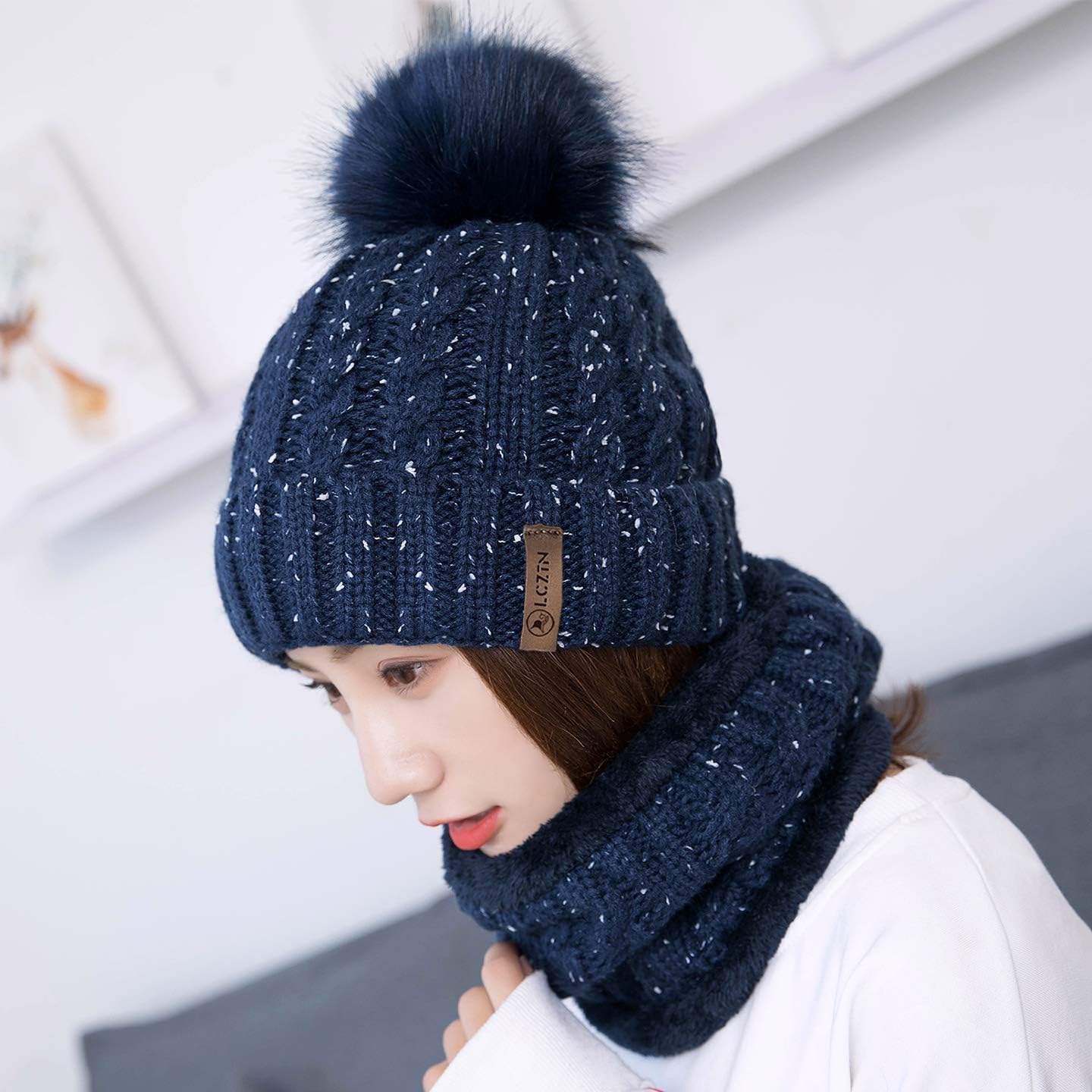 LCZTN Womens Pom Beanie Hat Scarf Set Girls Cute Winter Ski Hat Slouchy Knit Skull Cap with Fleece Lined - Image 4